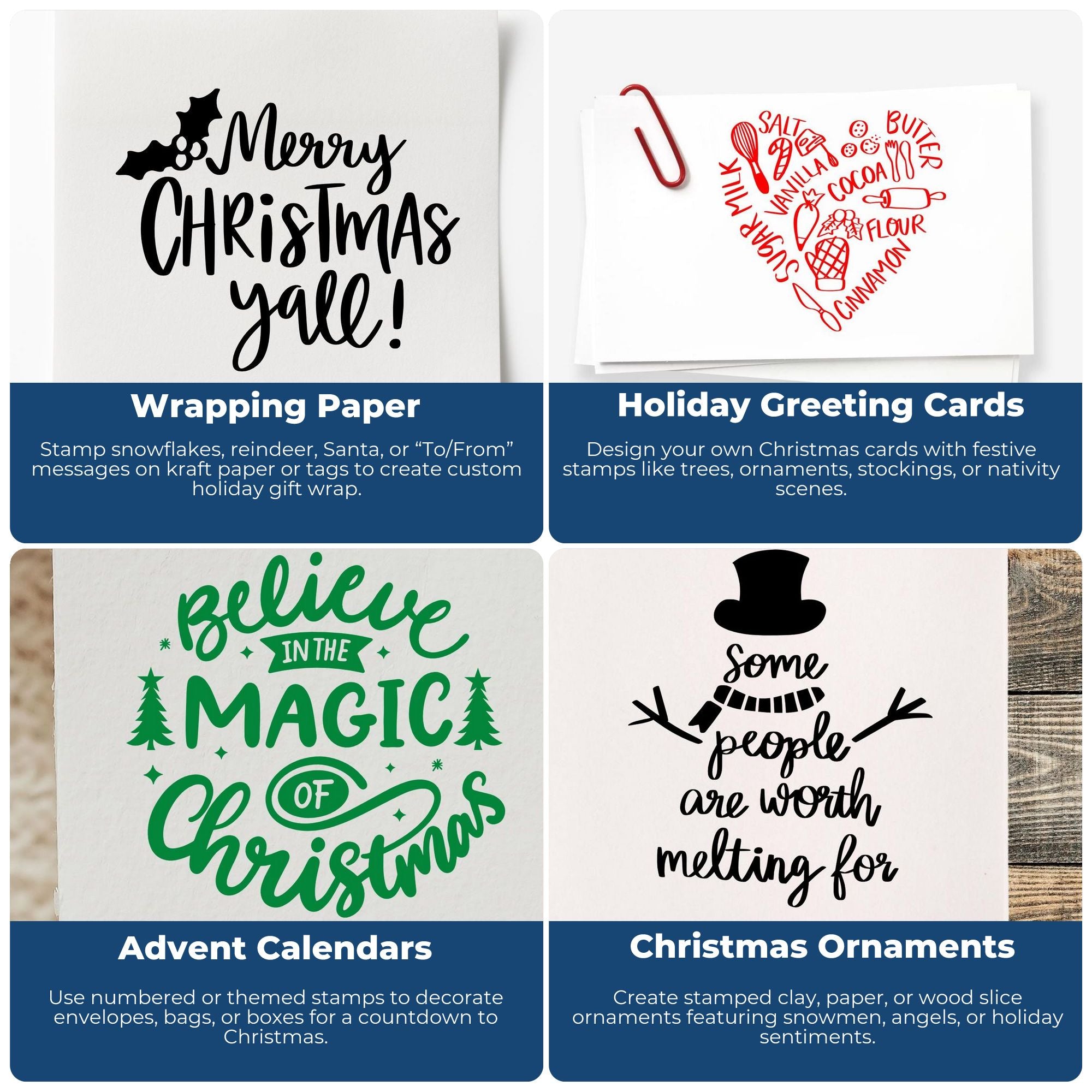 Christmas rubber stamp ideas for wrapping paper, holiday cards, advent calendars, and ornaments with festive sayings.