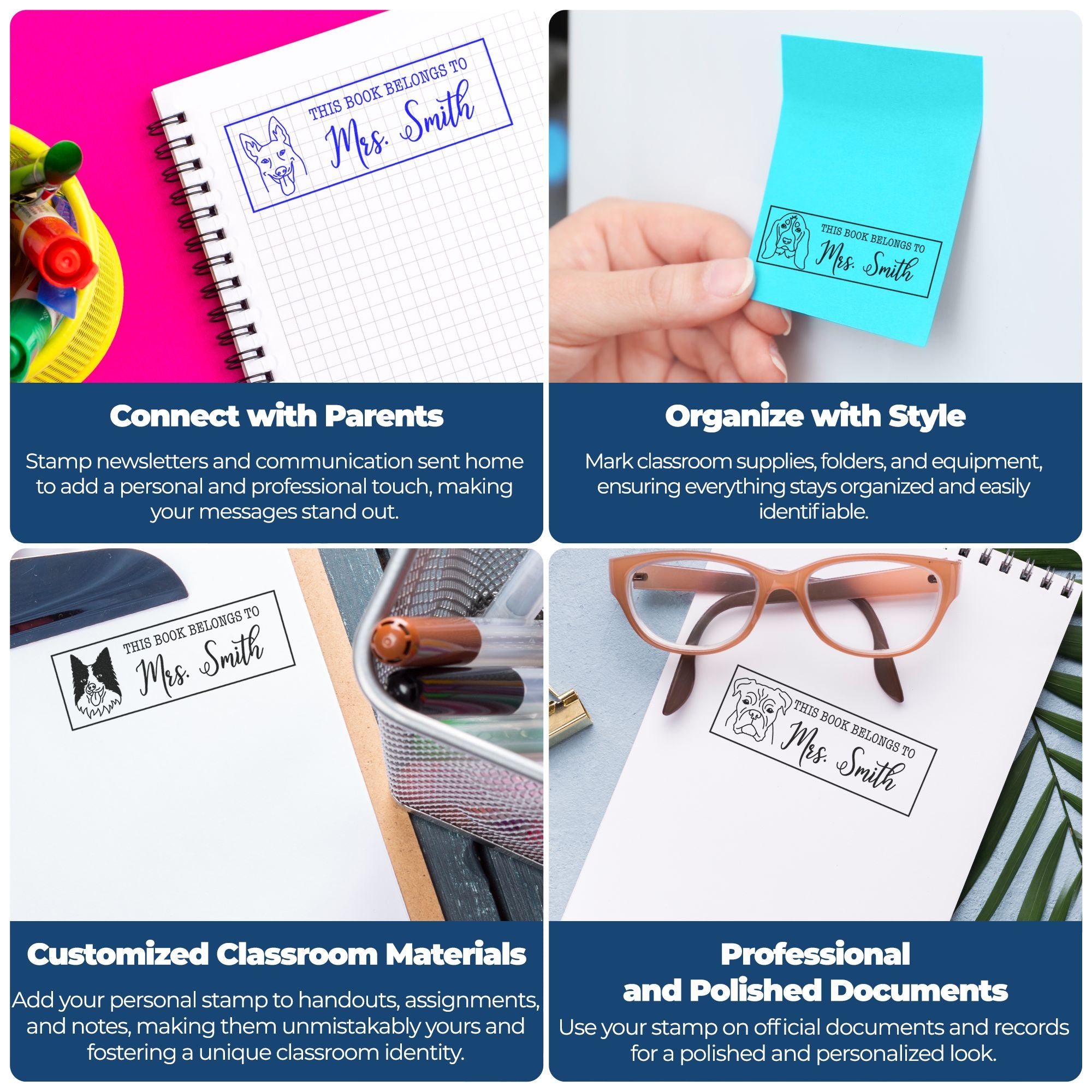 Custom teacher book stamp for labeling books, handouts, folders, and classroom supplies with a personalized, professional touch.