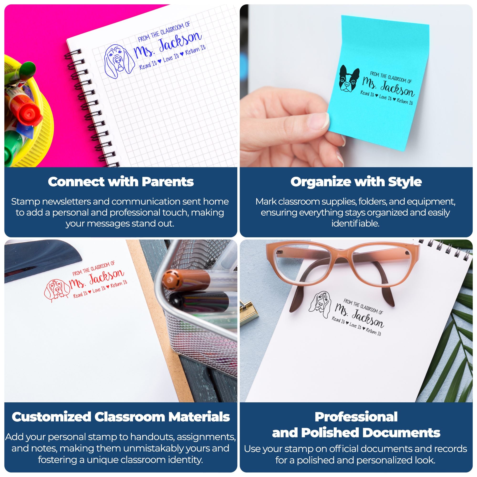 Custom classroom rubber stamp for teachers to personalize newsletters, folders, handouts, and documents.