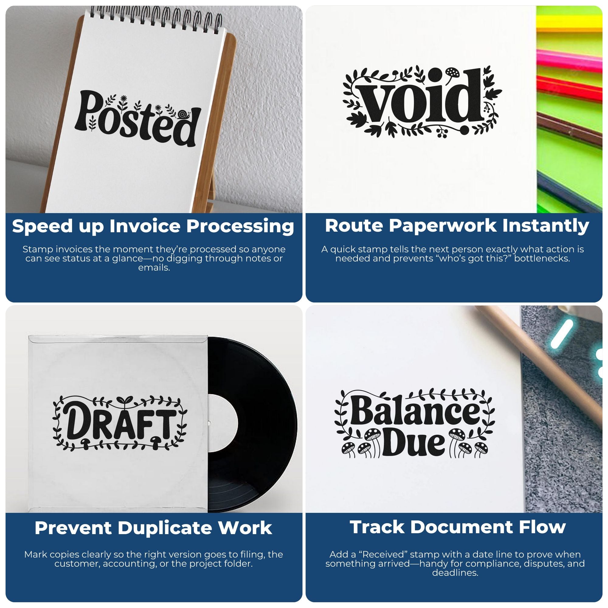 Rubber stamps for invoice processing, void, draft, and balance due markings to streamline document workflow.
