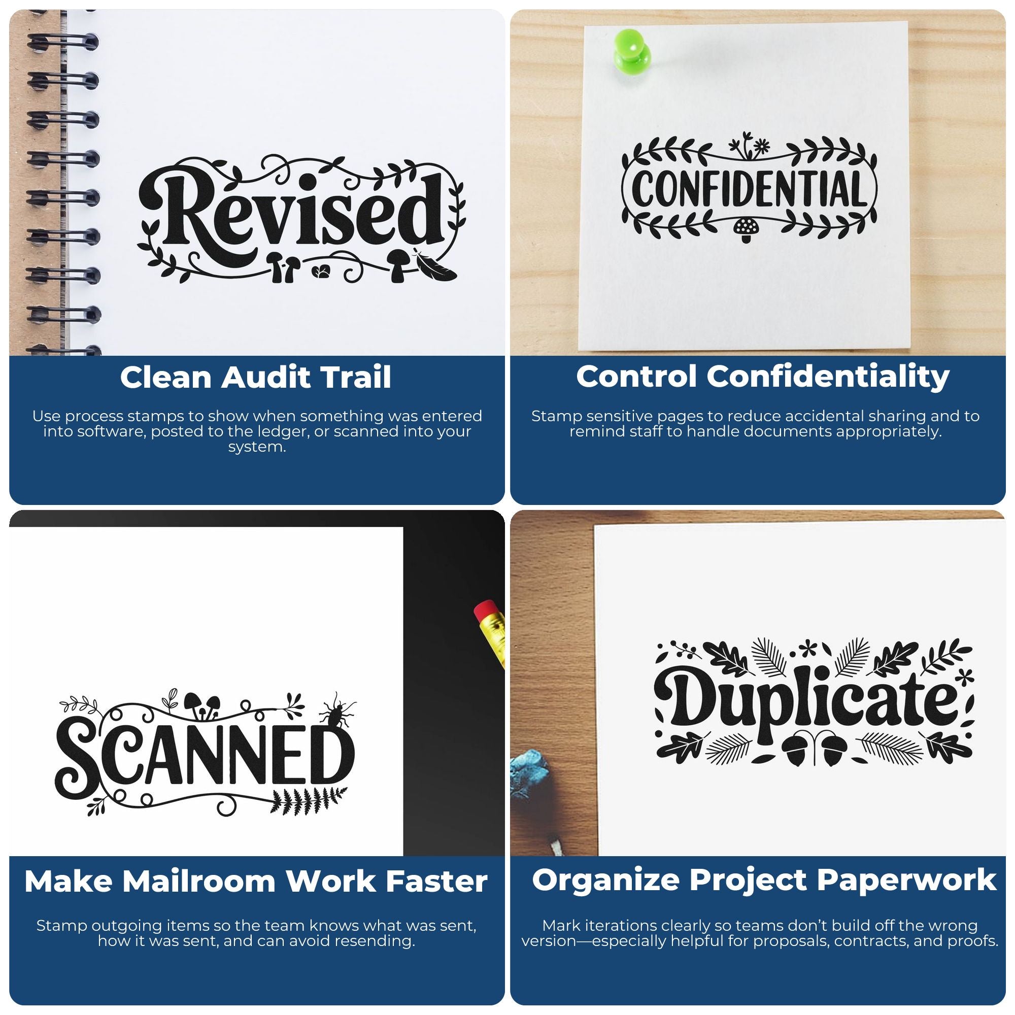 Rubber stamp examples for document control: Revised, Confidential, Scanned, and Duplicate stamps for office workflow and paper organization.
