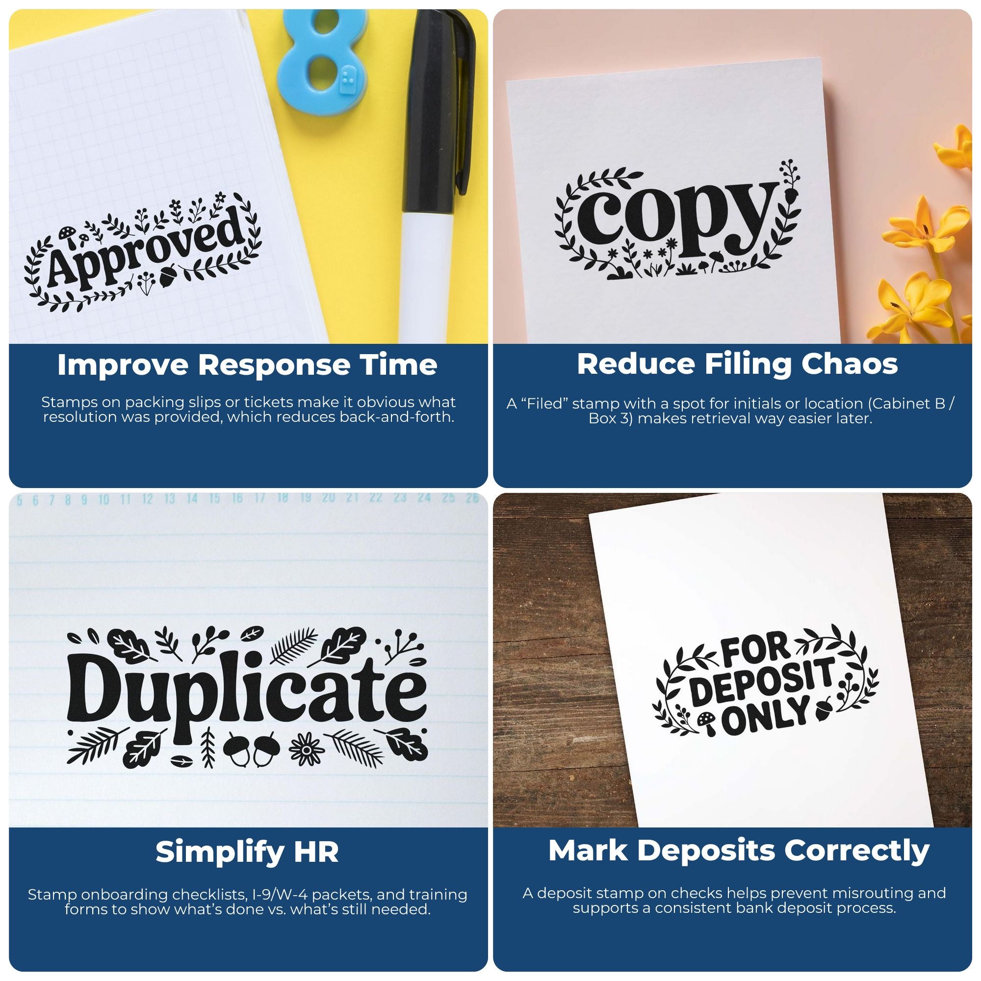 Rubber stamps collage showing Approved, Copy, Duplicate, and For Deposit Only stamps for office document control and banking.