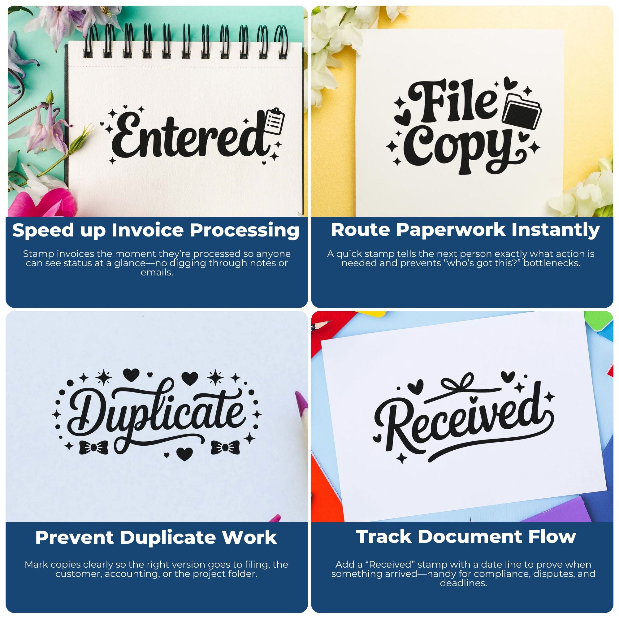 Rubber stamp examples for invoice processing and document tracking: Entered, File Copy, Duplicate, and Received workflow stamps.