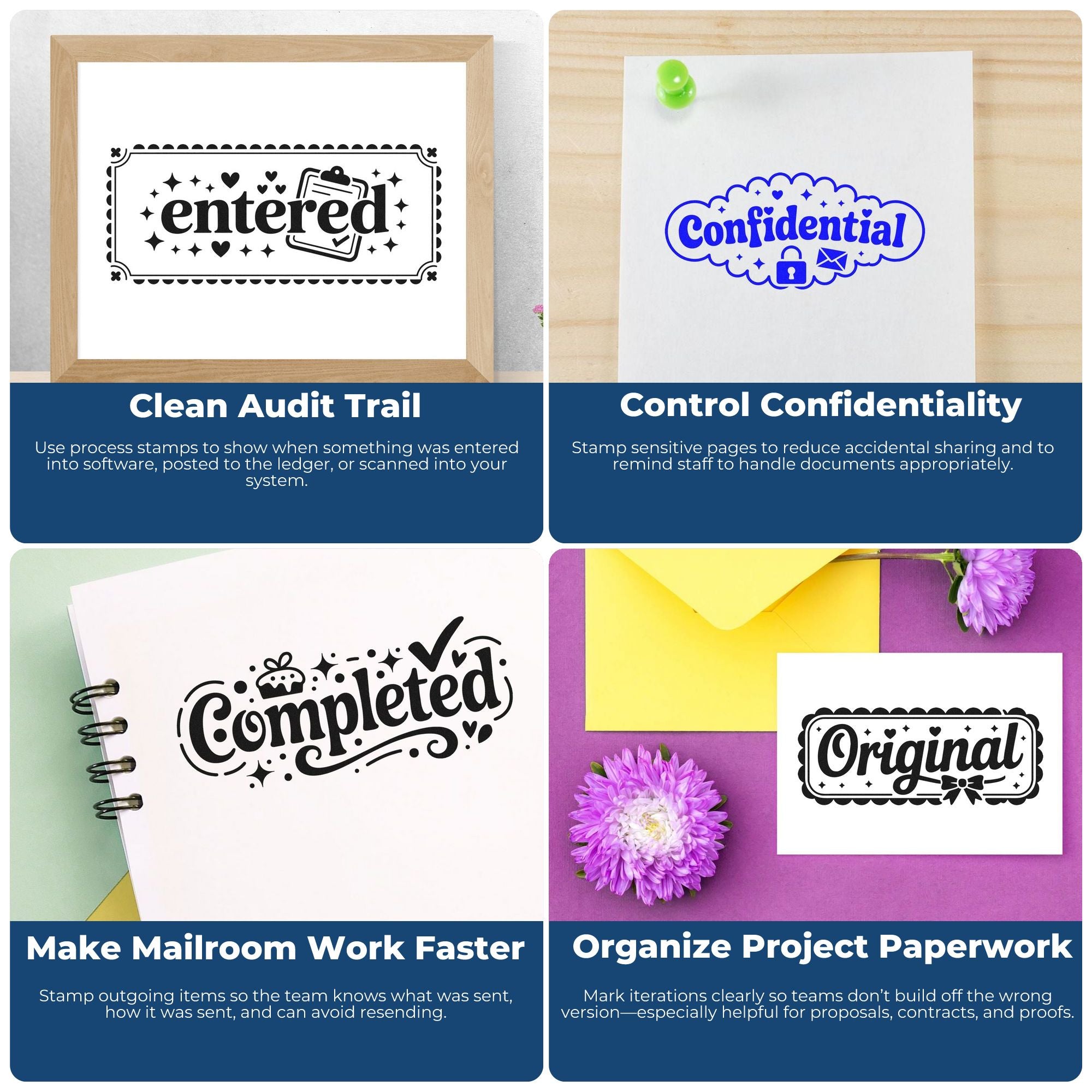 Custom rubber stamps for office workflow: entered, confidential, completed, and original marks for records, mailroom, and project paperwork.