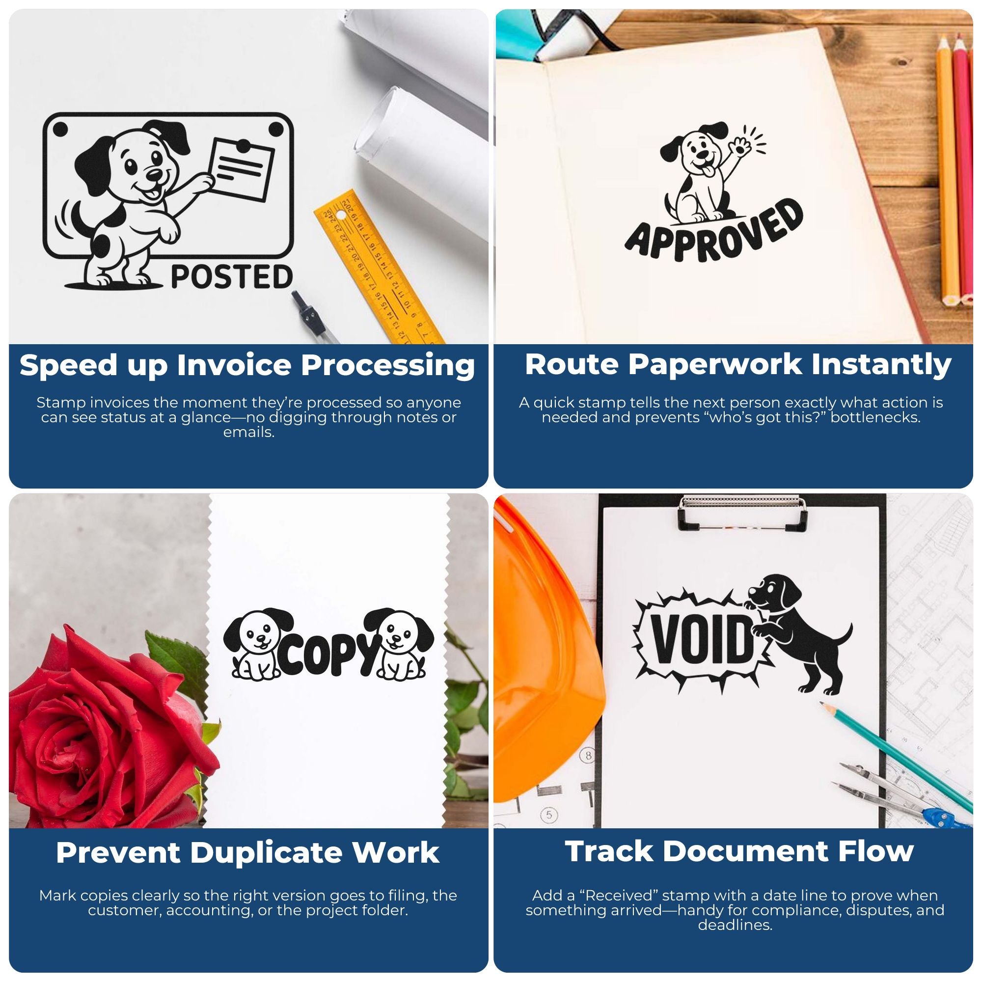 Rubber stamp examples for office workflows: Posted, Approved, Copy, and Void stamps to speed invoice and document processing.