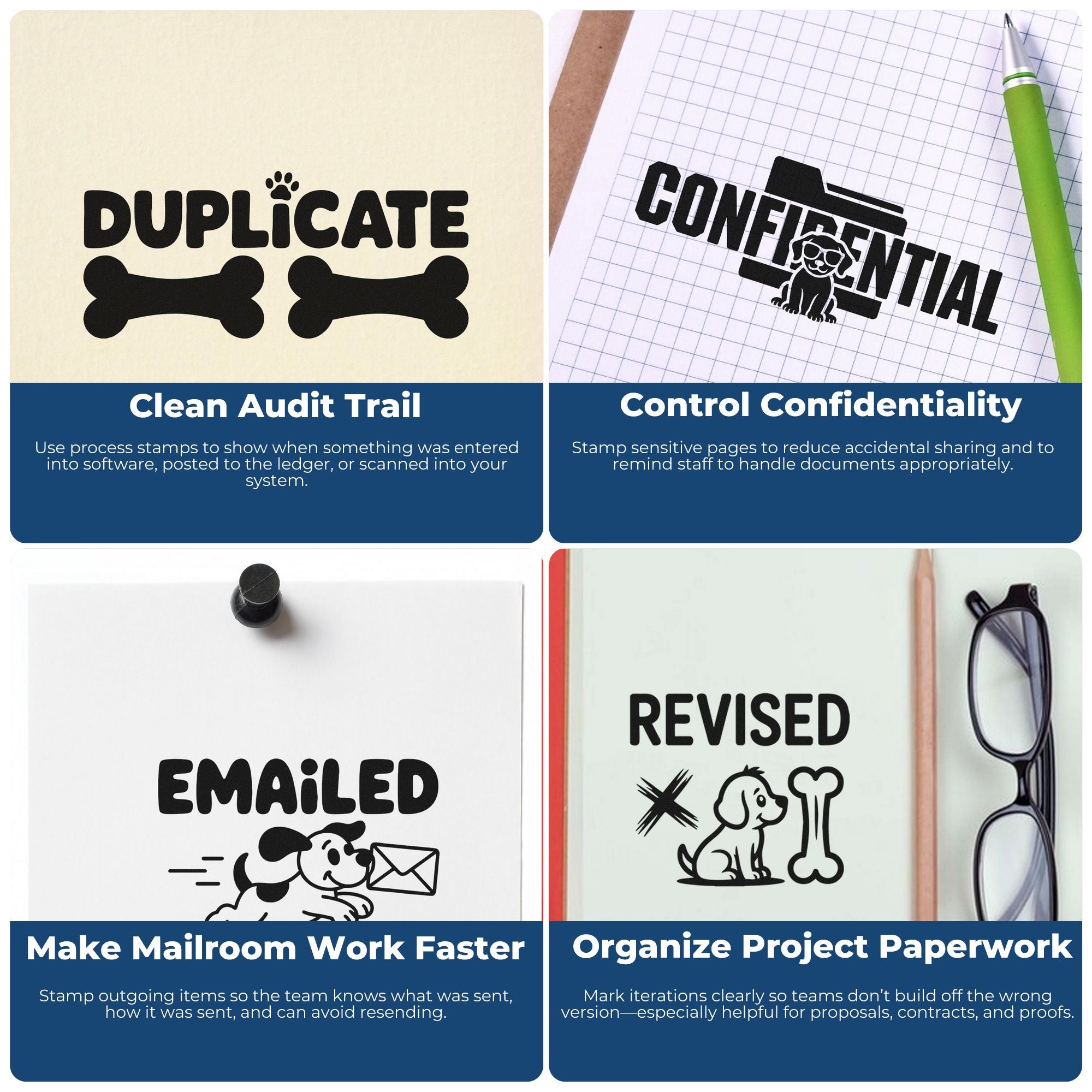 Collage of office rubber stamps for duplicate, confidential, mailed, and revised documents to improve workflow and file organization.