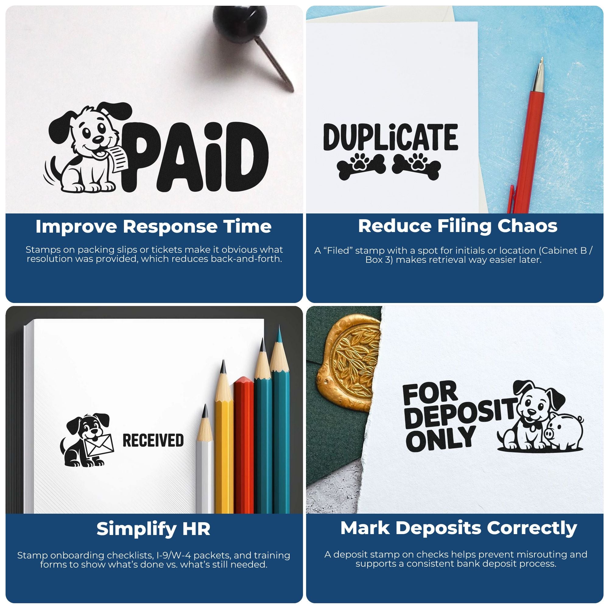 Custom rubber stamps for offices and banks, including paid, duplicate, received, and deposit-only stamps for faster document processing.