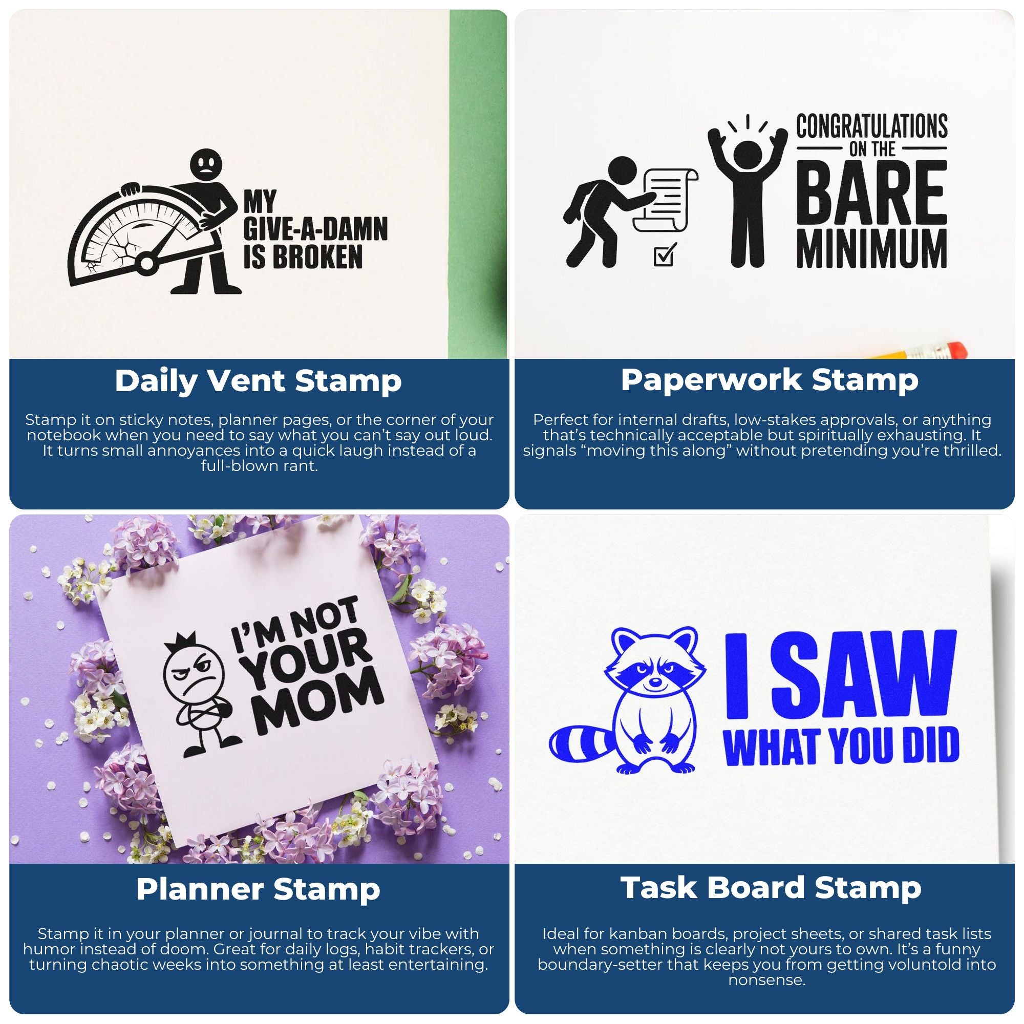 Collage of funny rubber stamps for planners, paperwork, and task boards, featuring vent, approval, and boundary-setting designs.