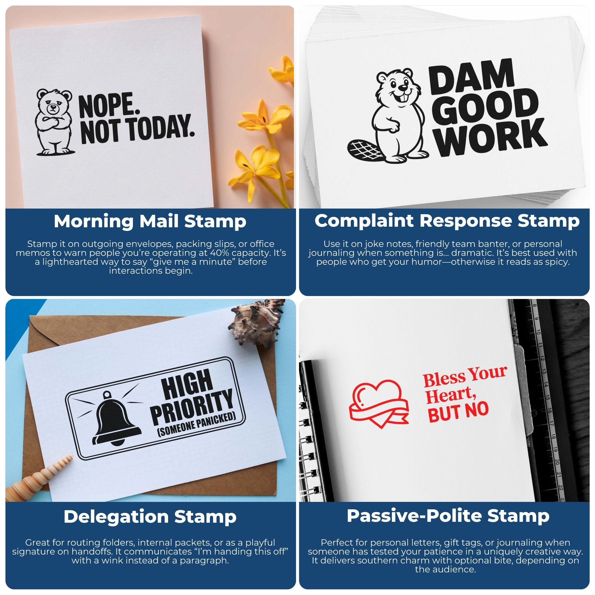 Humorous rubber stamp collage featuring bear-themed office stamps with witty sayings for mail, complaints, delegation, and notes.