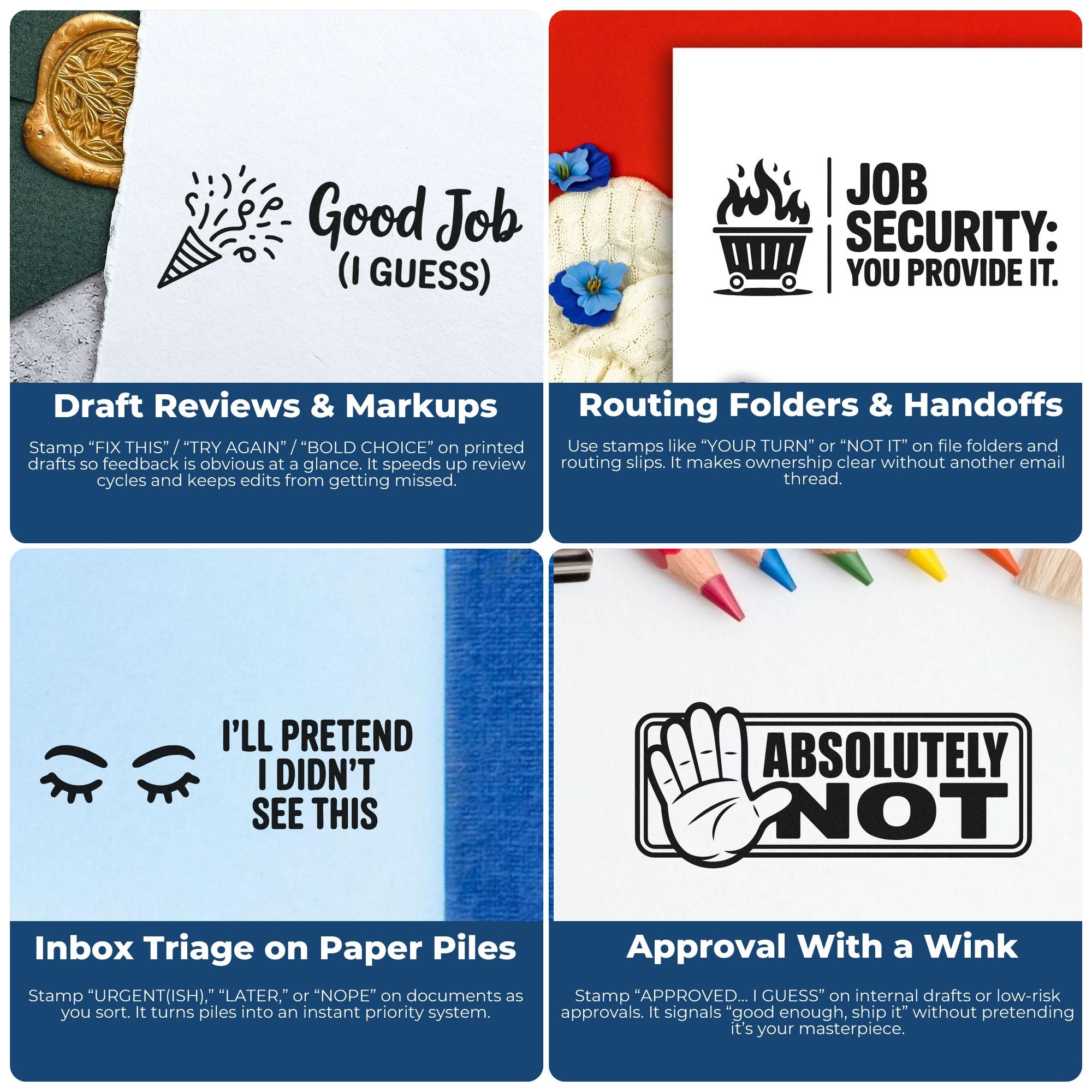 Office rubber stamps for workflow tasks: draft reviews, routing folders, inbox triage, and quick approvals on documents.