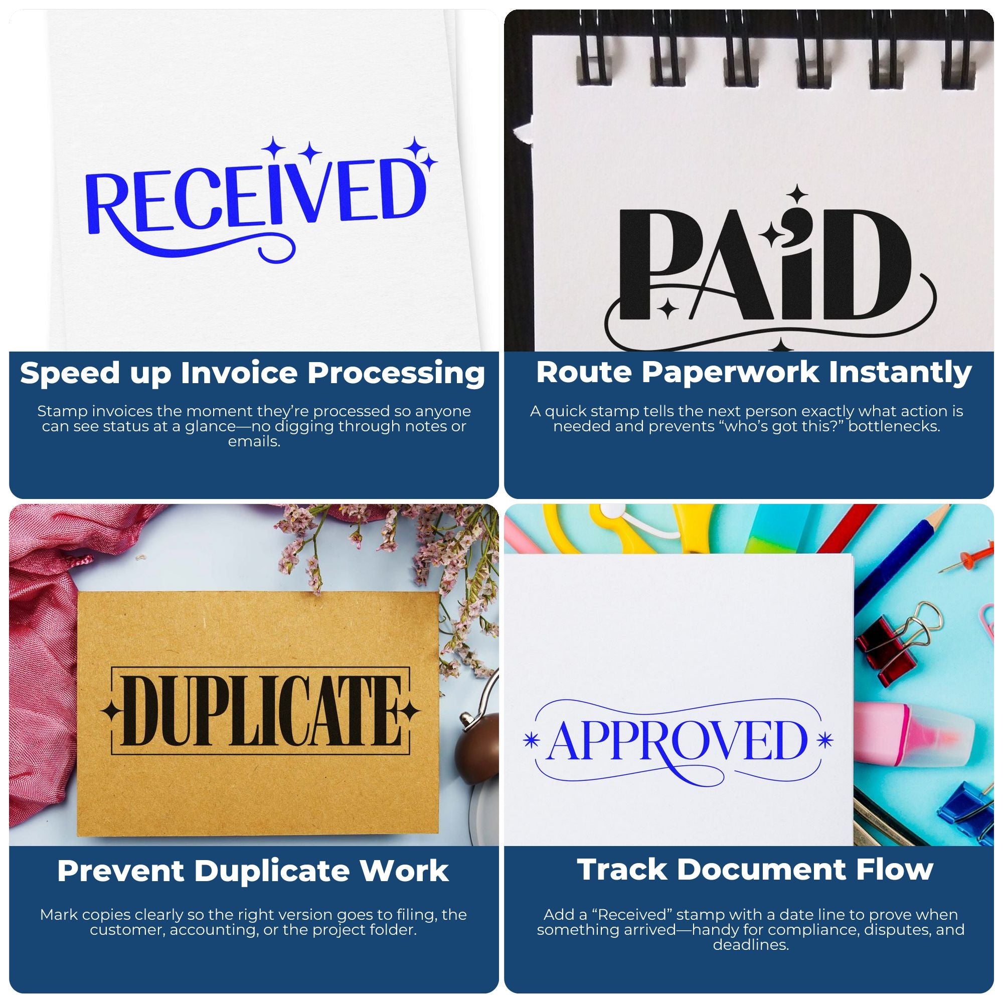 Rubber stamp examples for office workflow: Received, Paid, Duplicate, and Approved stamps for invoice and document tracking.