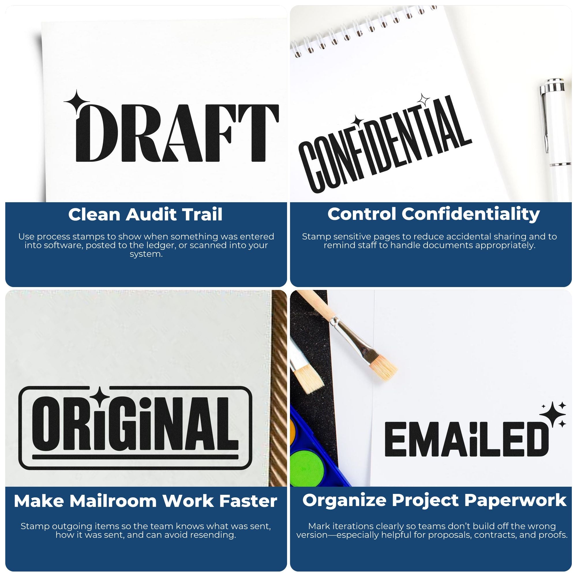 Custom rubber stamps for office document control, including draft, confidential, original, and emailed stamps for paperwork tracking.