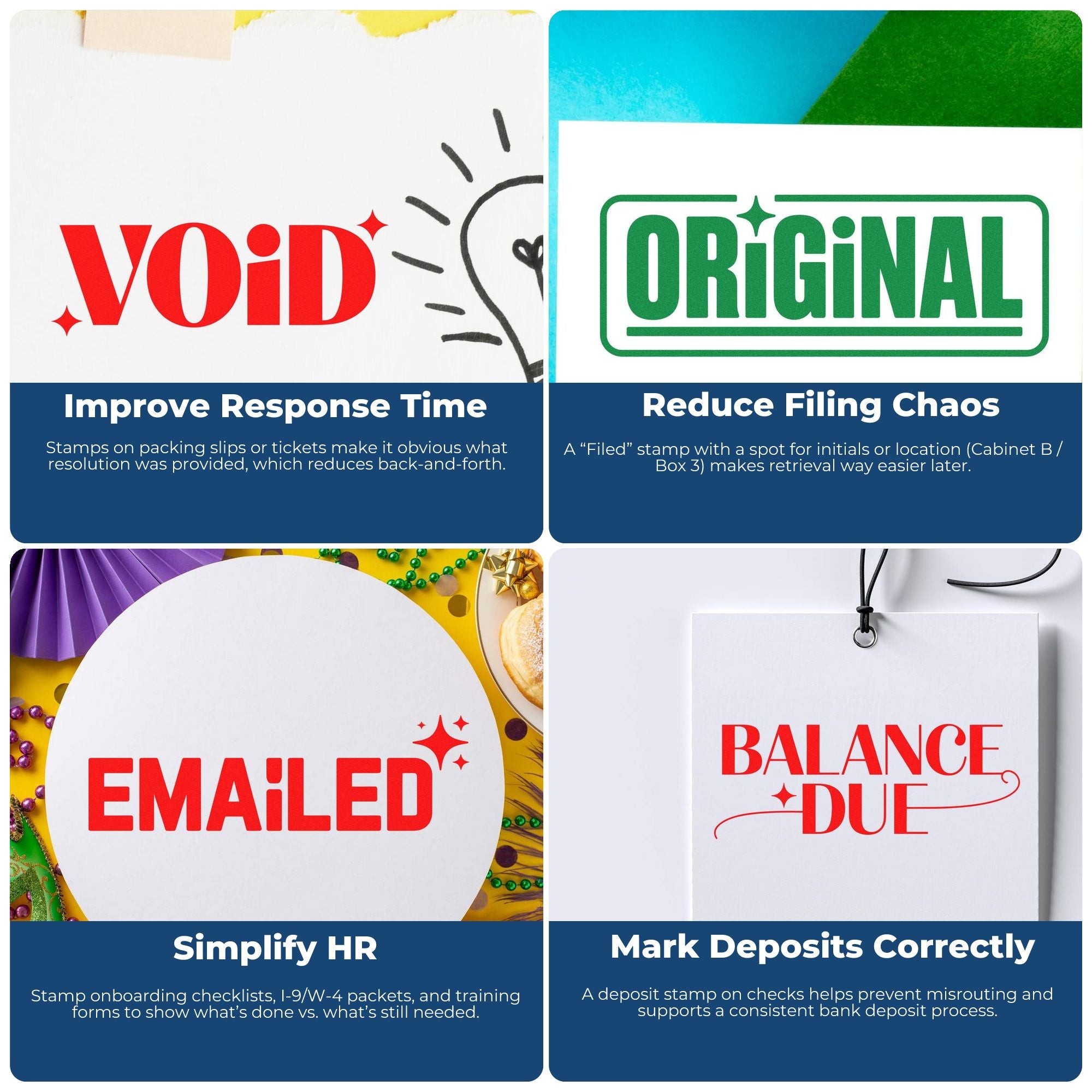 Collage of custom rubber stamps: VOID, ORIGINAL, EMAILED, and BALANCE DUE for office workflow, HR, filing, and banking.