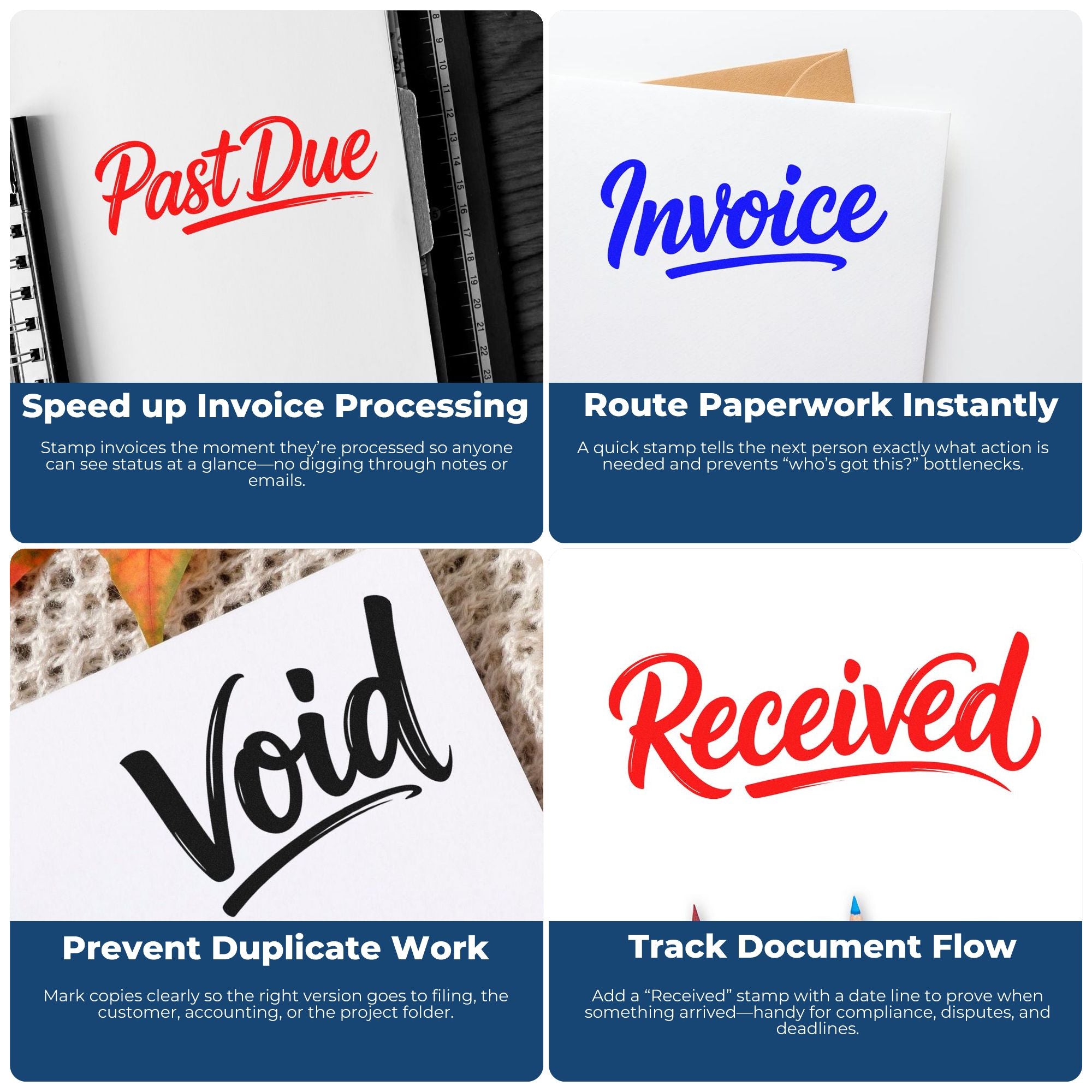 Rubber stamps for office document tracking: Past Due, Invoice, Void, and Received stamps streamline paperwork and approvals.