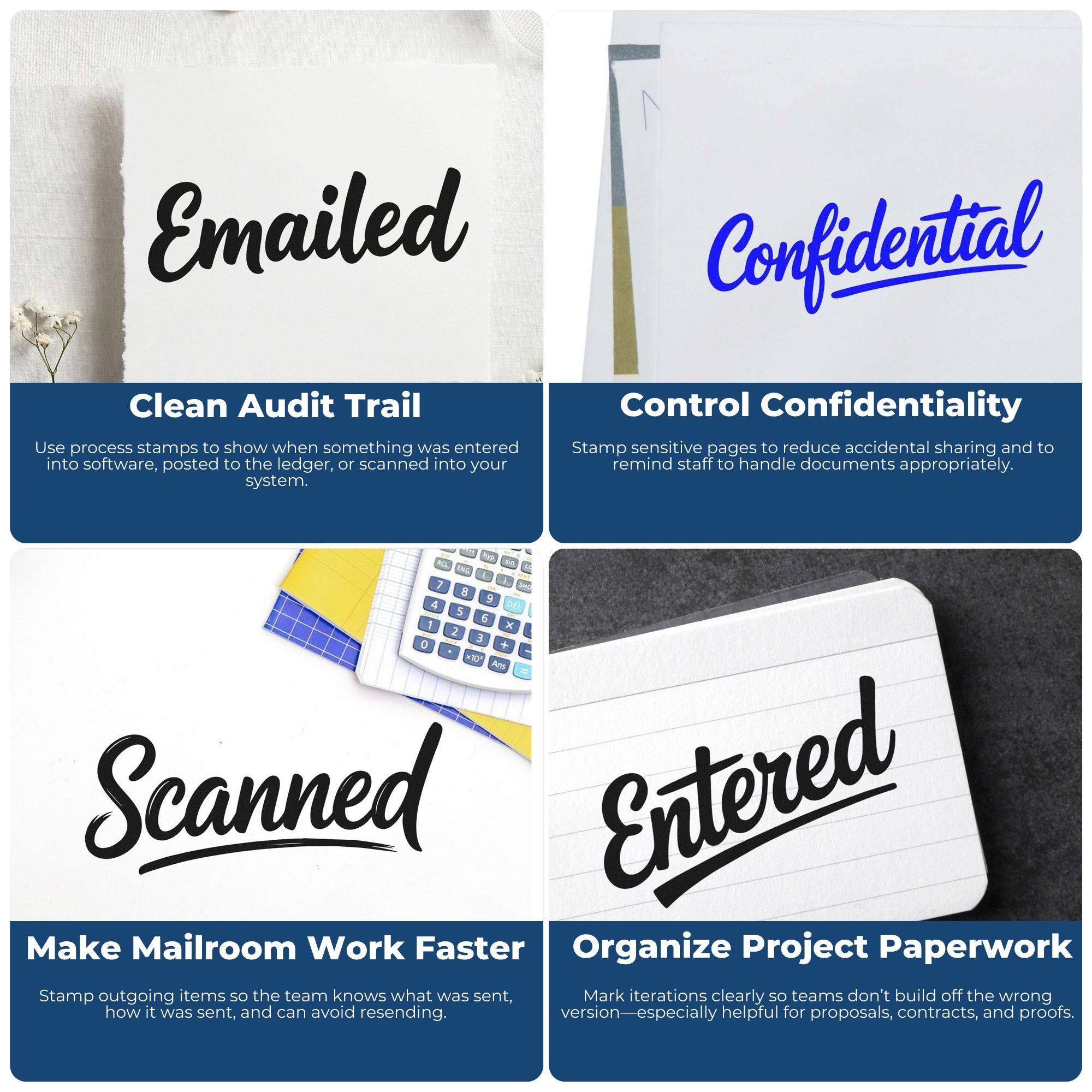 Rubber stamps for office workflow, including Emailed, Confidential, Scanned, and Entered for document control and mailroom use.