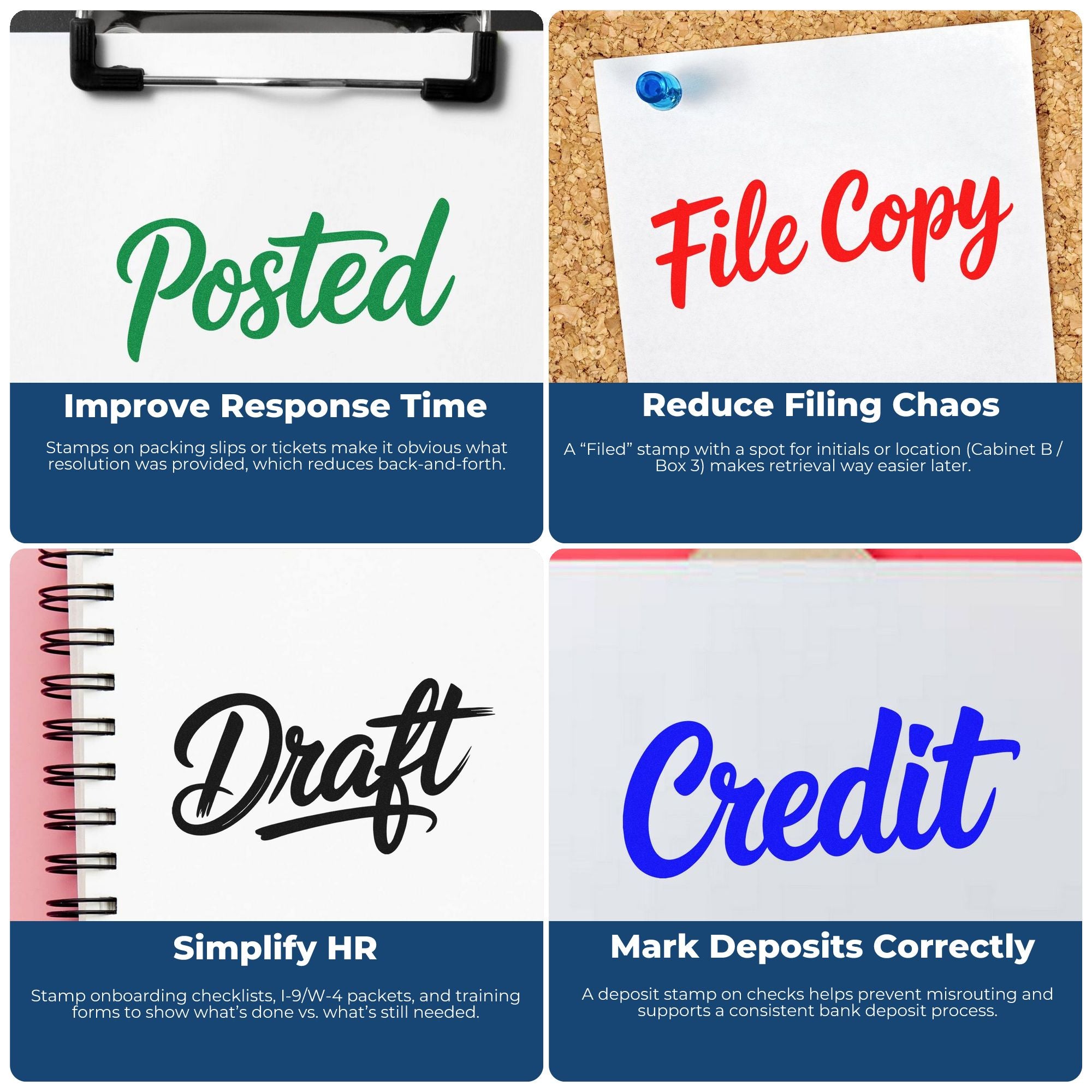 Rubber stamp examples for office workflows: Posted, File Copy, Draft, and Credit stamps for filing, HR, and bank deposits.