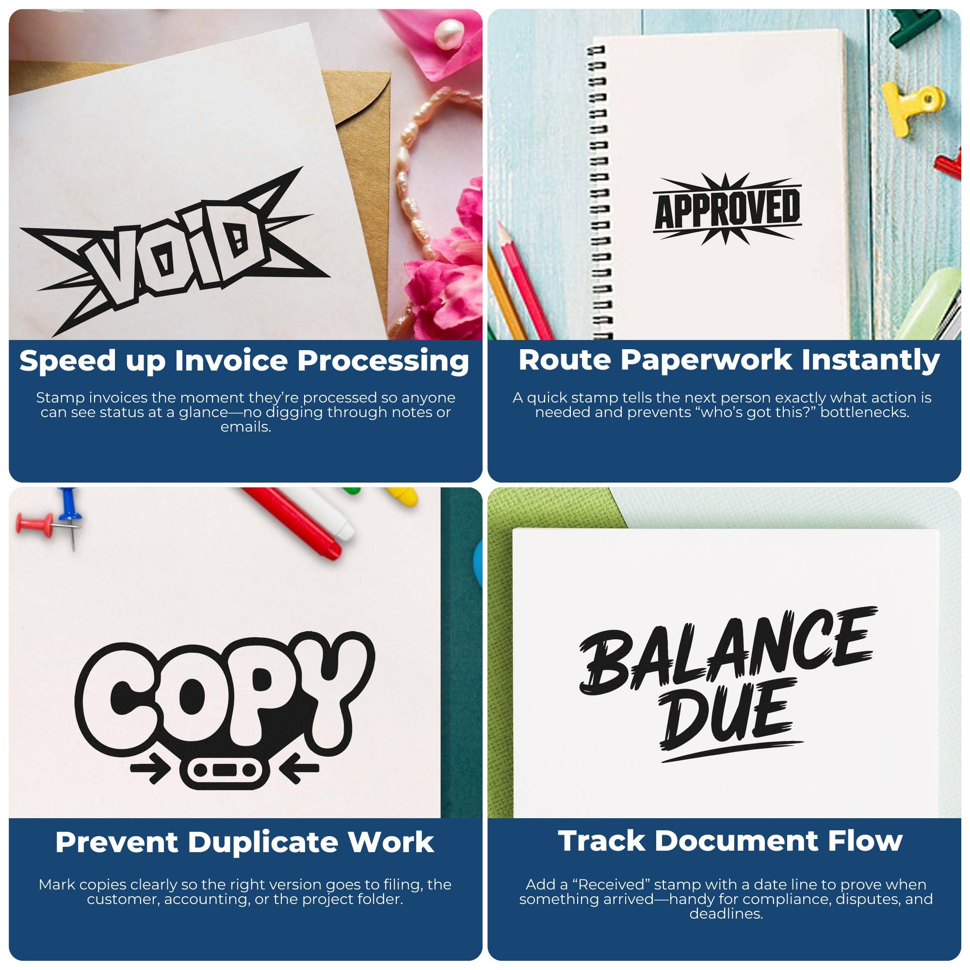 Rubber stamp infographic showing Approved, Void, Copy, and Balance Due stamps for invoices, paperwork, and document tracking.