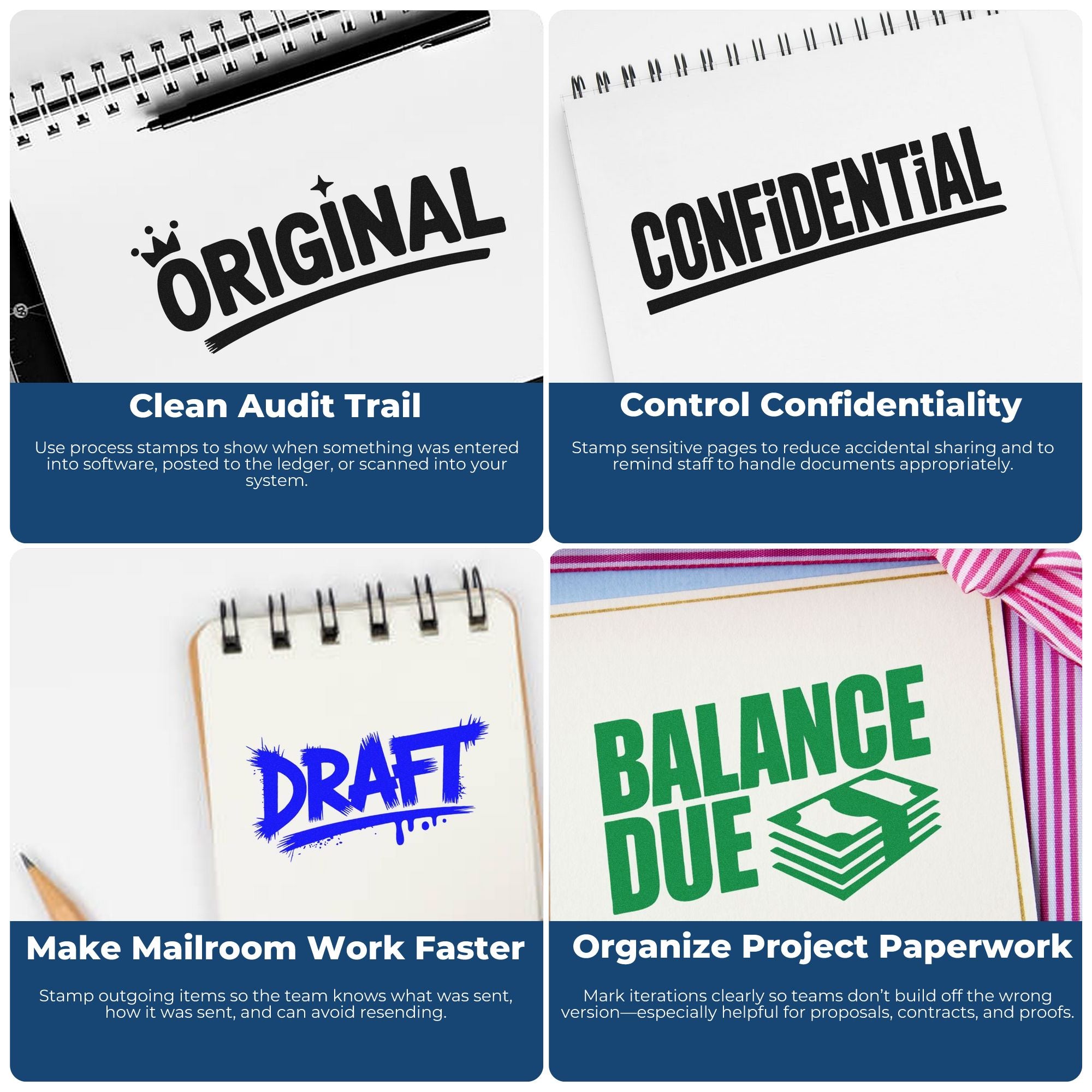 Custom rubber stamp examples for original, confidential, draft, and balance due document marking