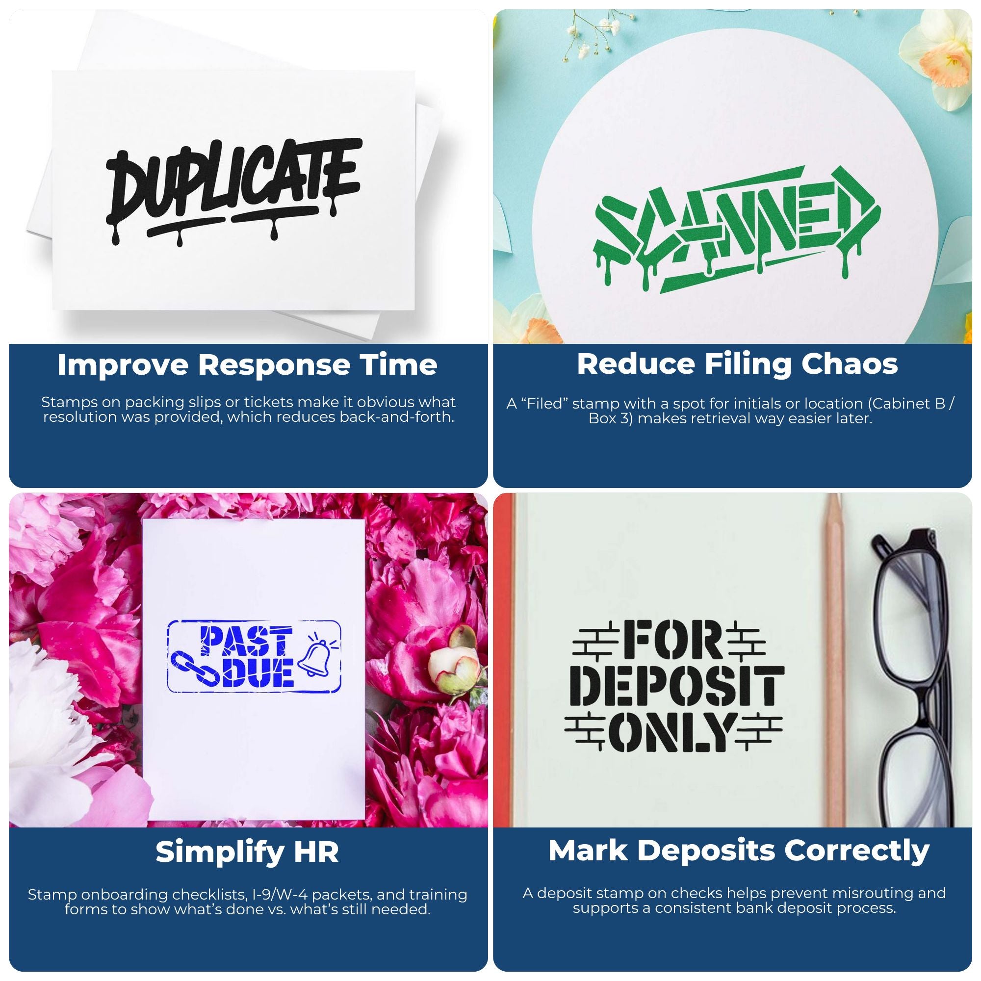 Custom rubber stamp examples for office tasks, including duplicate, filed, past due, and for deposit only stamps.