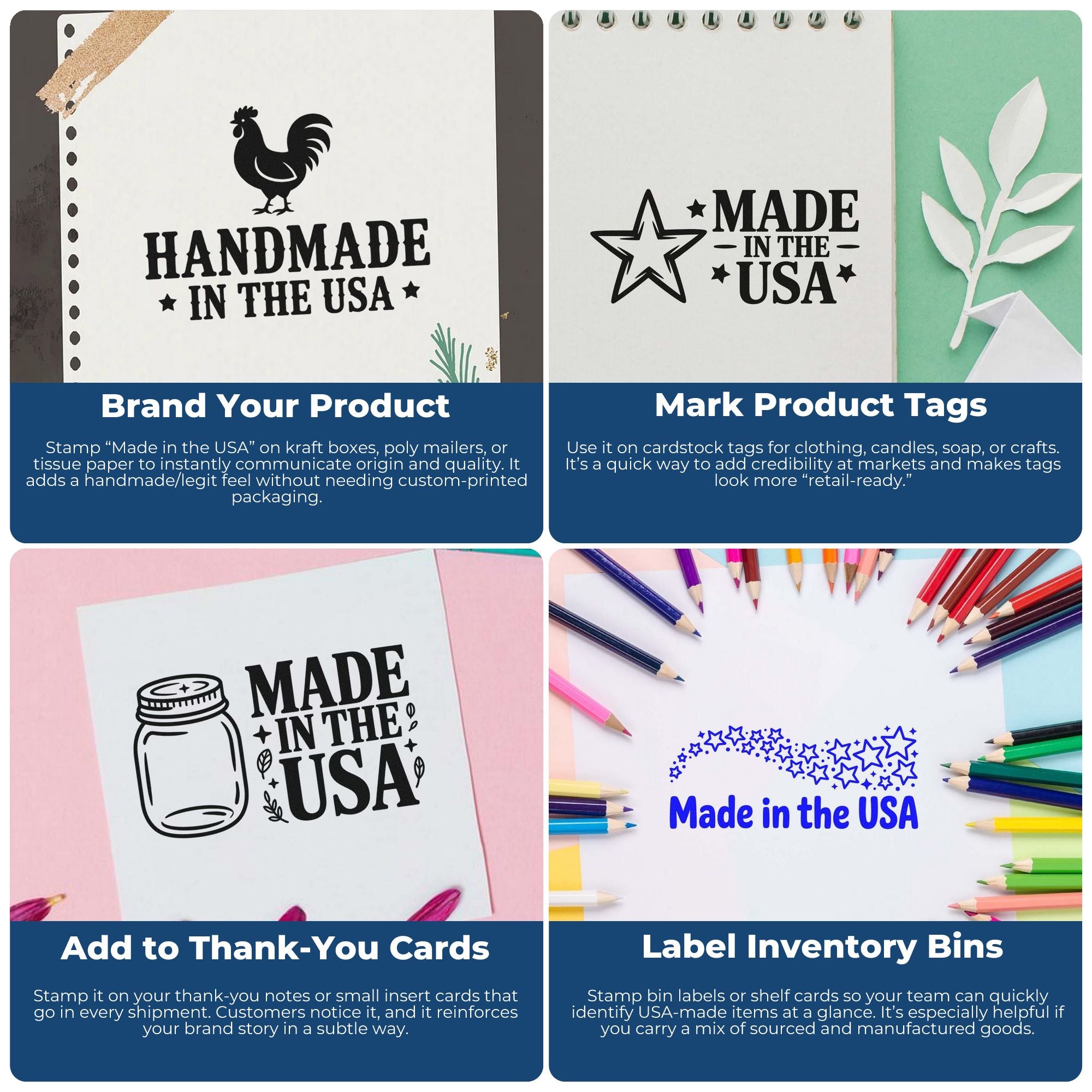 Made in USA rubber stamp use examples for product packaging, tags, thank-you cards, and inventory labels.