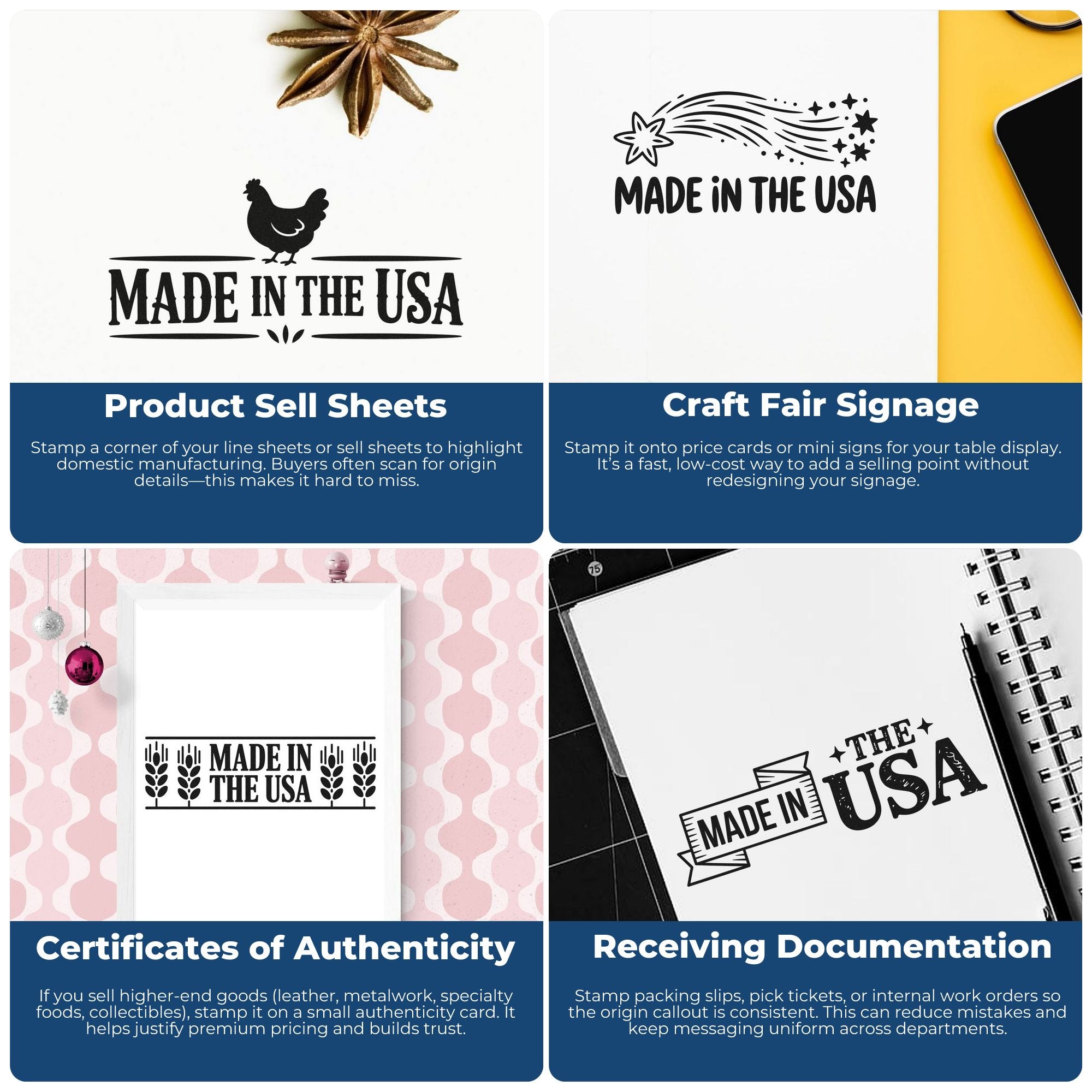 Collage of Made in USA custom rubber stamp designs for product sell sheets, craft fair signage, authenticity cards, and packing slips.