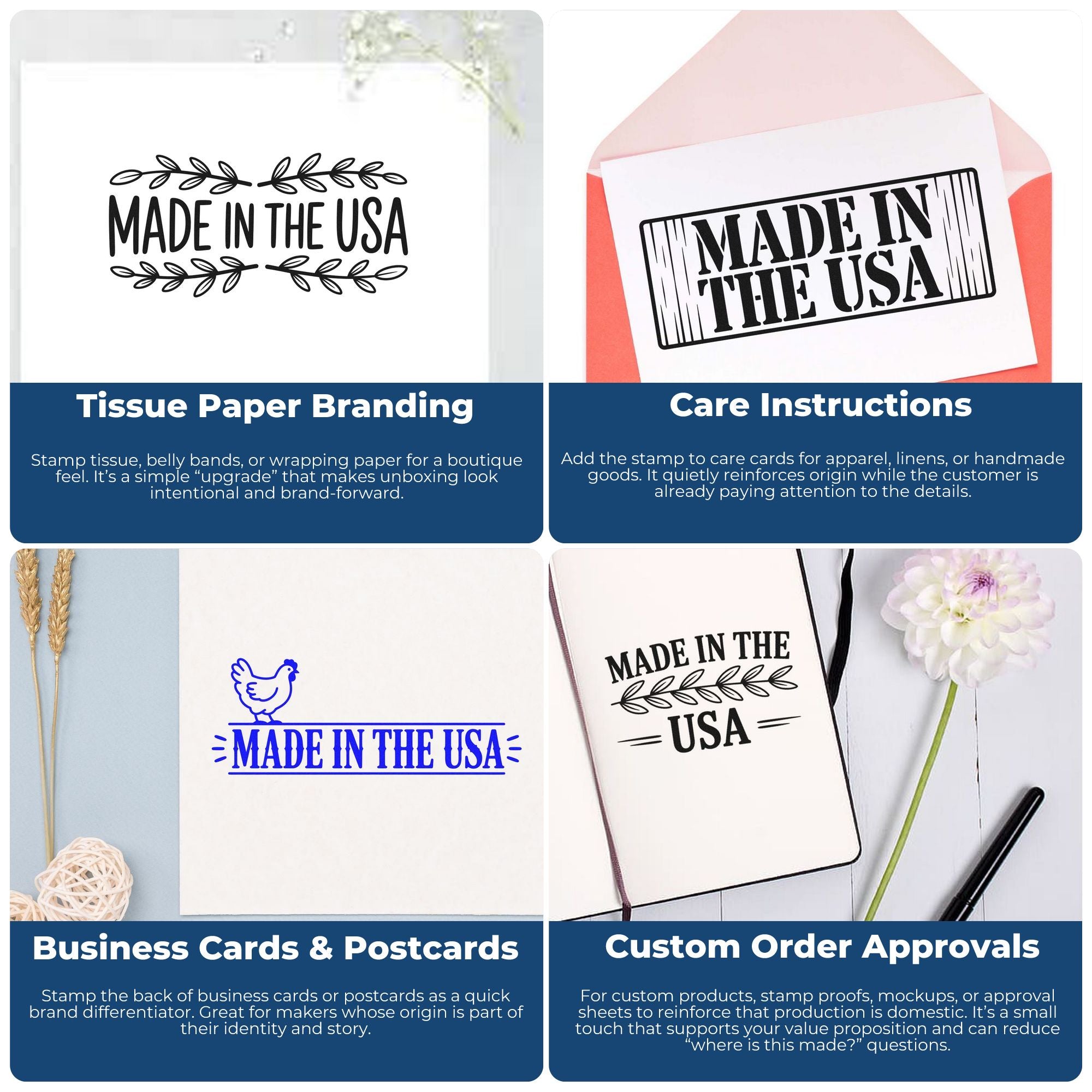 Made in USA rubber stamp examples for packaging, care cards, business cards, and custom order approvals.
