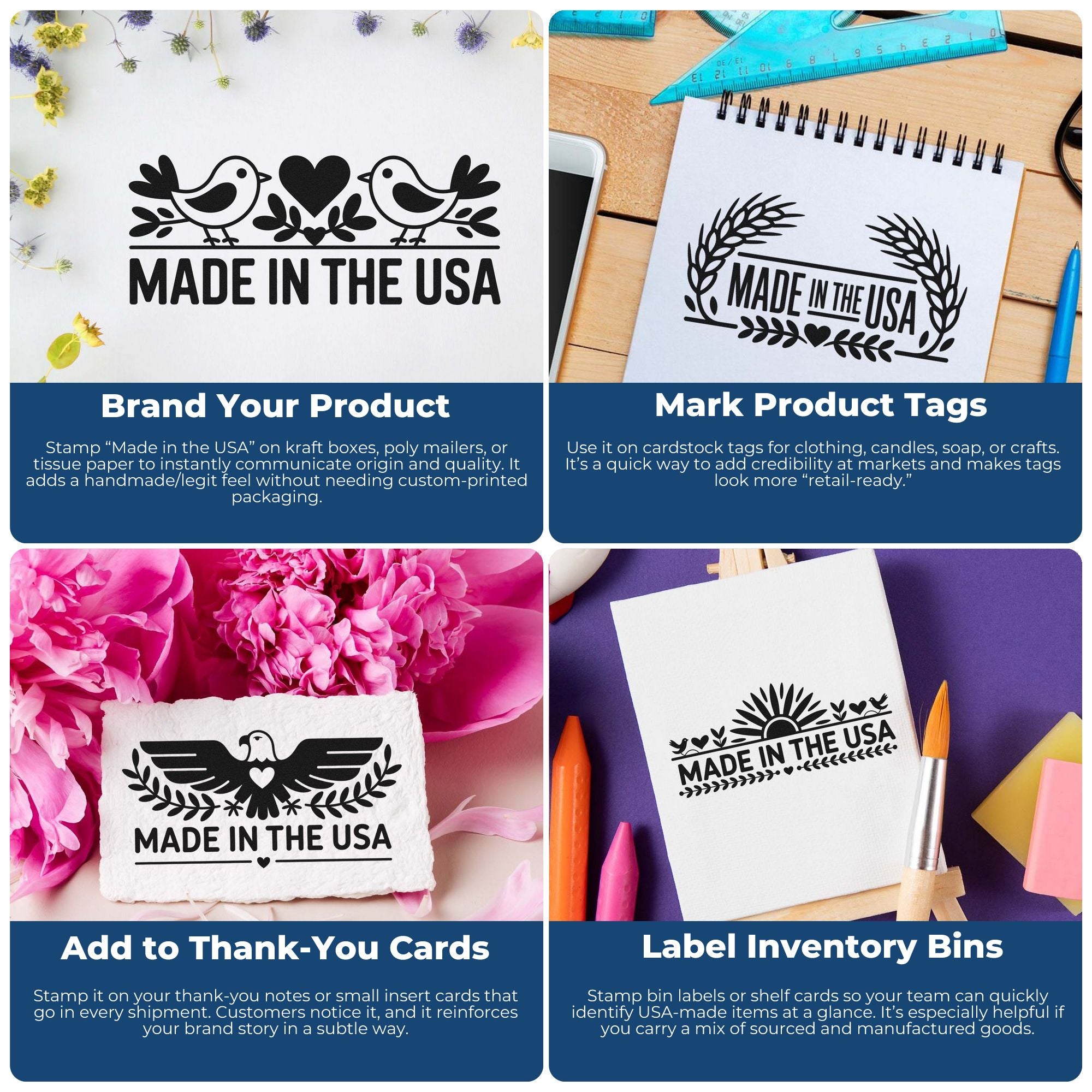 Made in the USA rubber stamp for product packaging, tags, thank-you cards, and handmade branding.