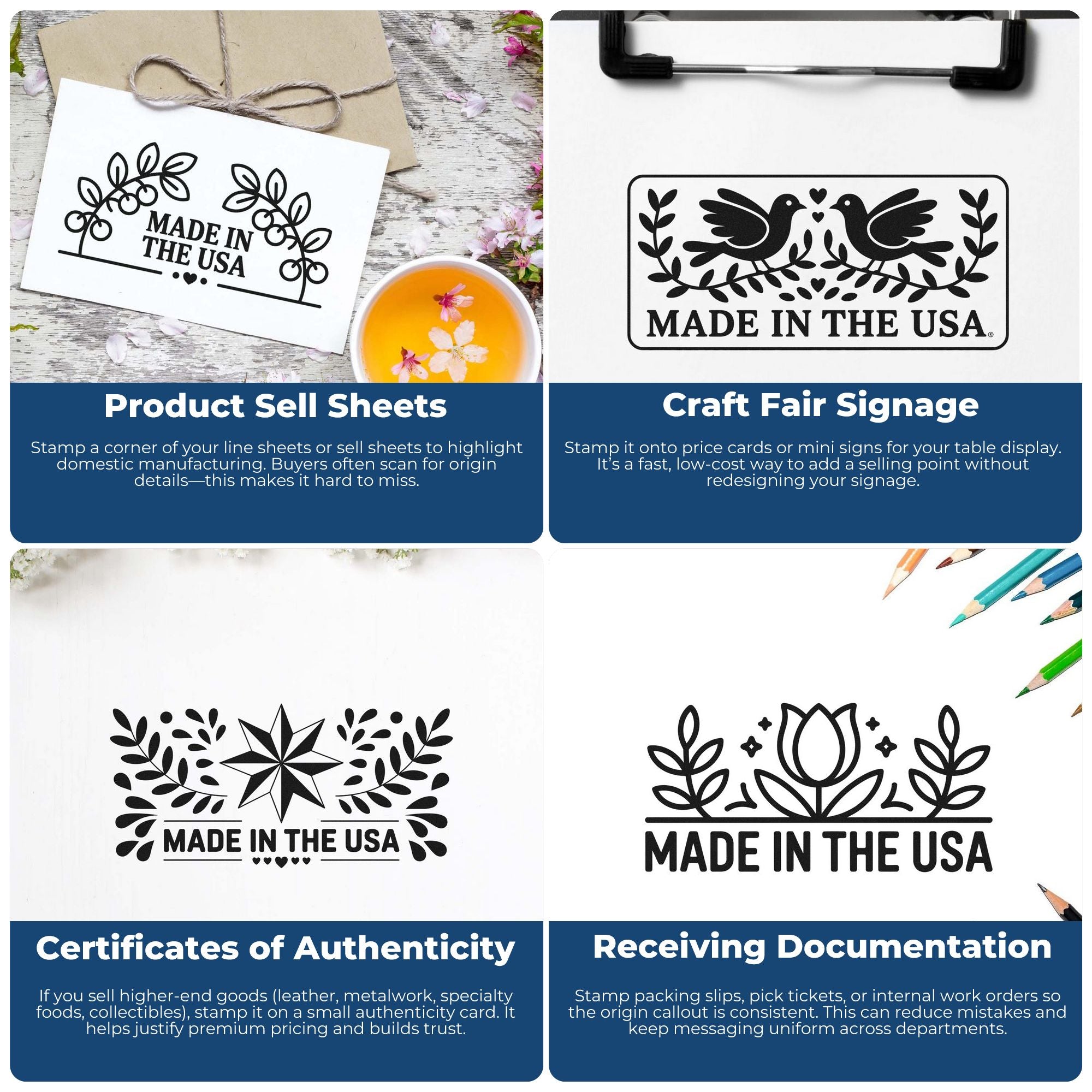 Rubber stamp marketing collage showing Made in USA stamp uses for product sell sheets, craft fair signage, certificates and receiving docs.