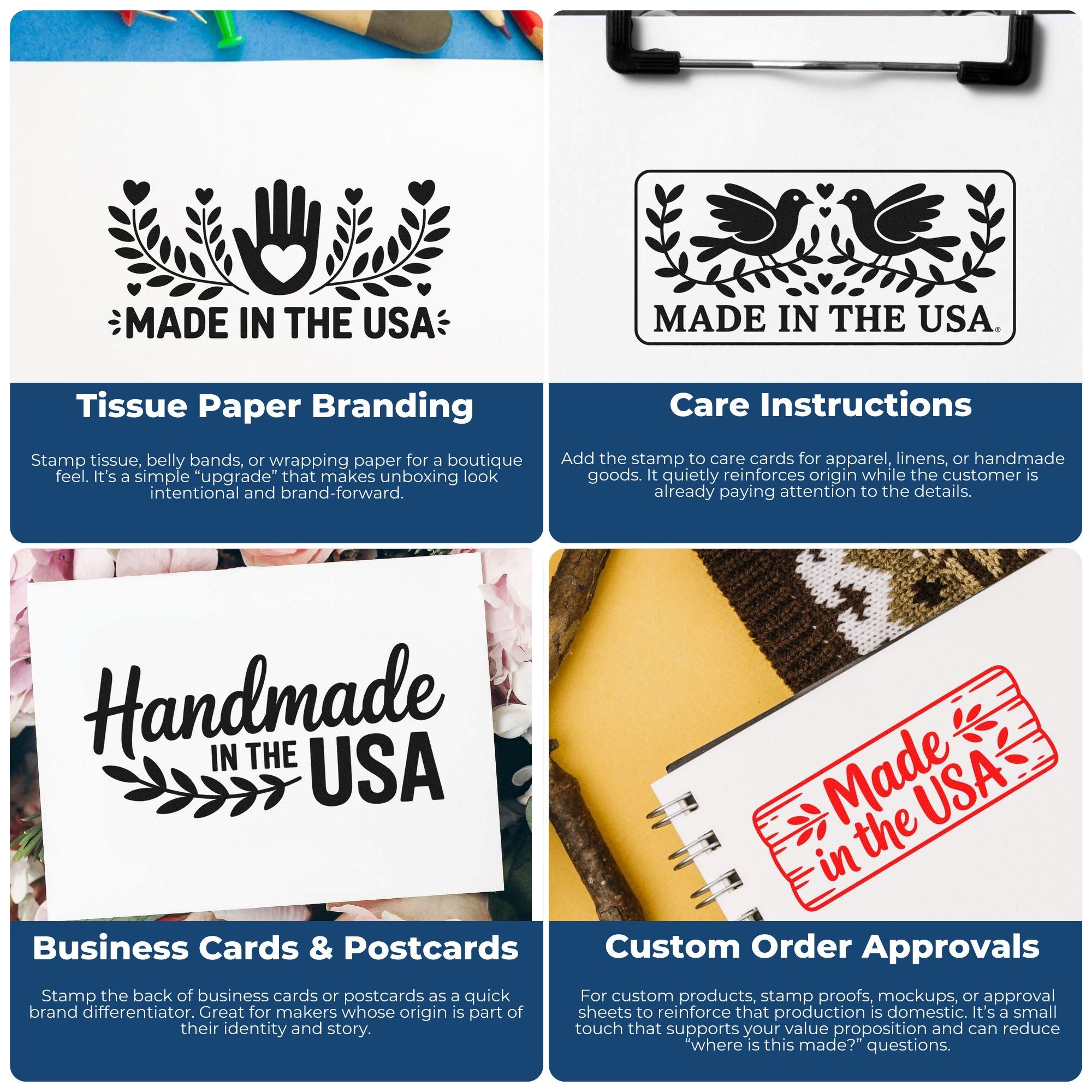 Rubber stamp use infographic for tissue paper branding, care instructions, business cards, and custom order approvals.