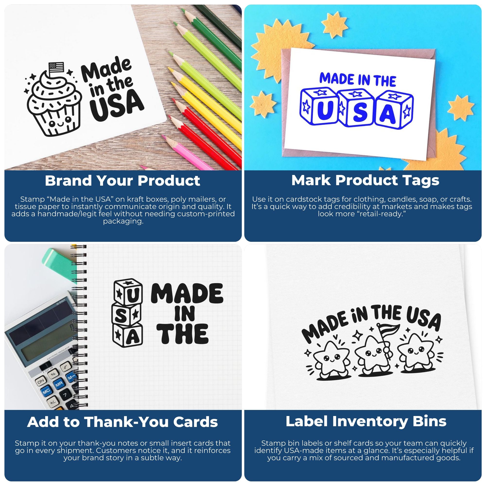 Rubber stamp ideas for Made in USA branding on packaging, product tags, thank-you cards, and inventory labels.