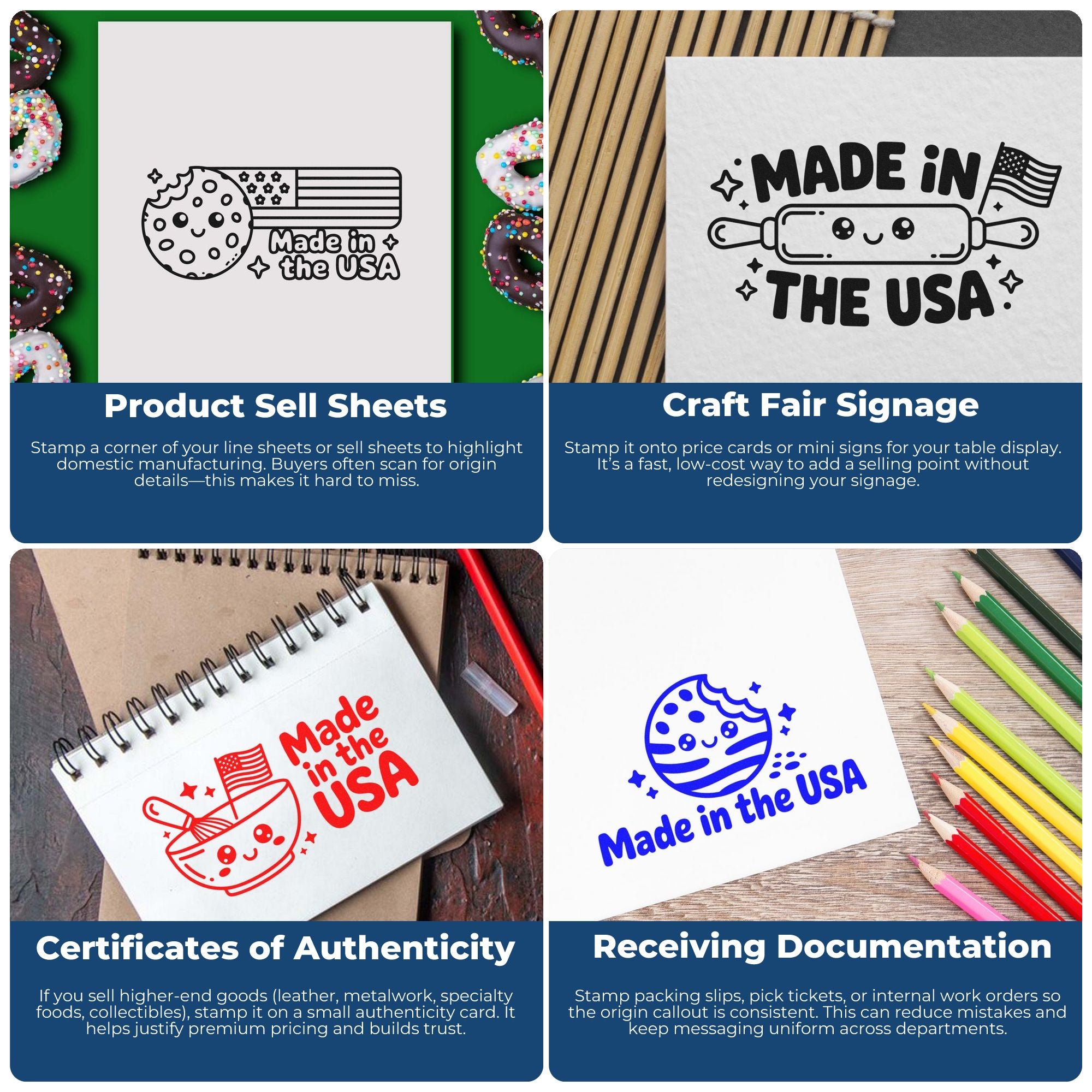 Rubber stamp use examples for Made in USA product sell sheets, craft fair signage, authenticity certificates, and receiving docs.