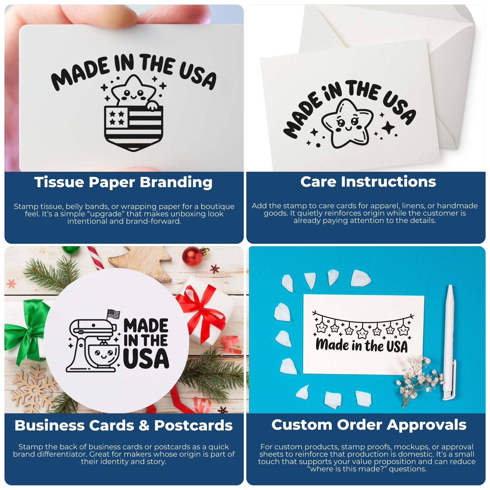 Collage of custom Made in USA rubber stamps for tissue paper branding, care cards, business cards, and order approvals.