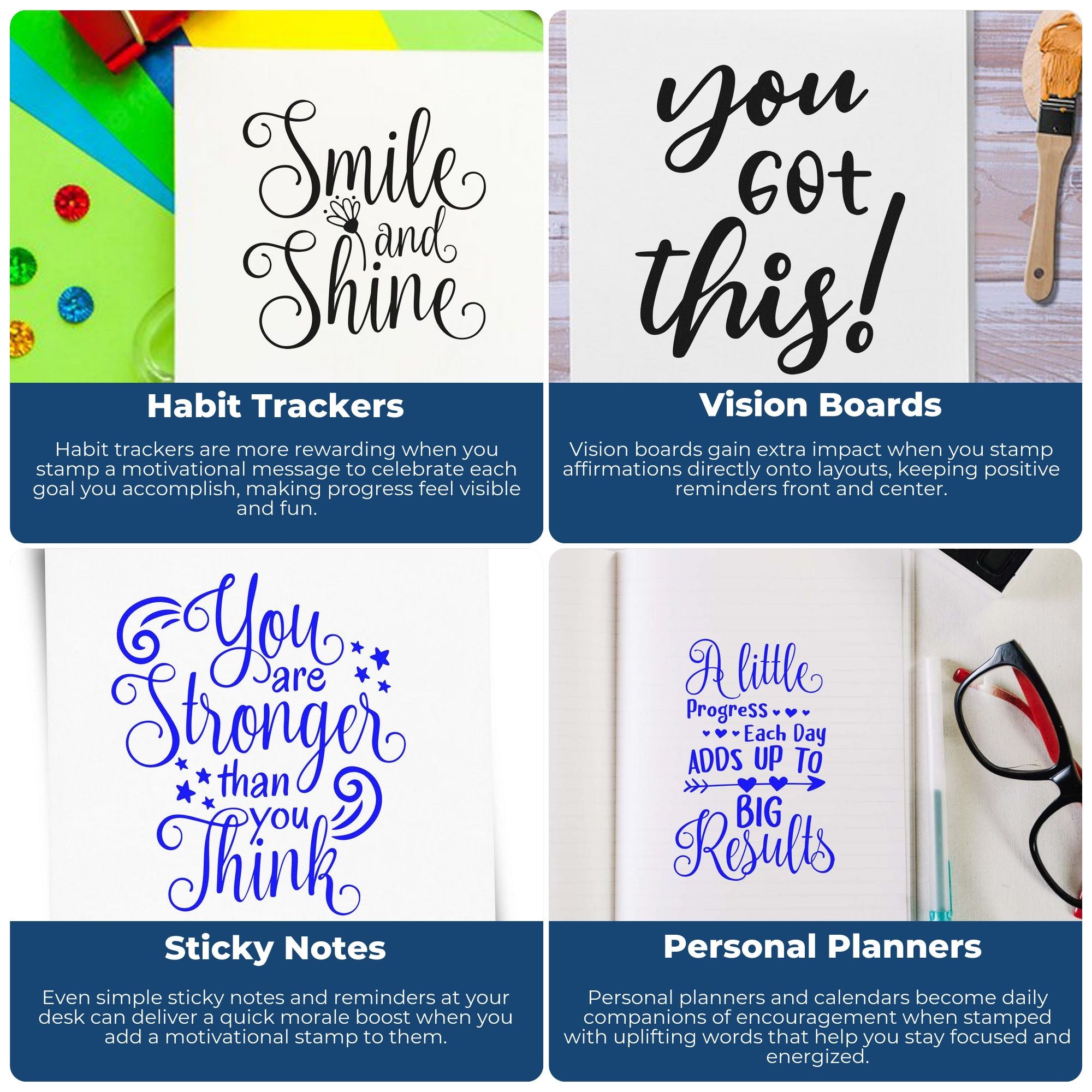 Motivational rubber stamps for habit trackers, vision boards, sticky notes, and personal planners with uplifting quotes.