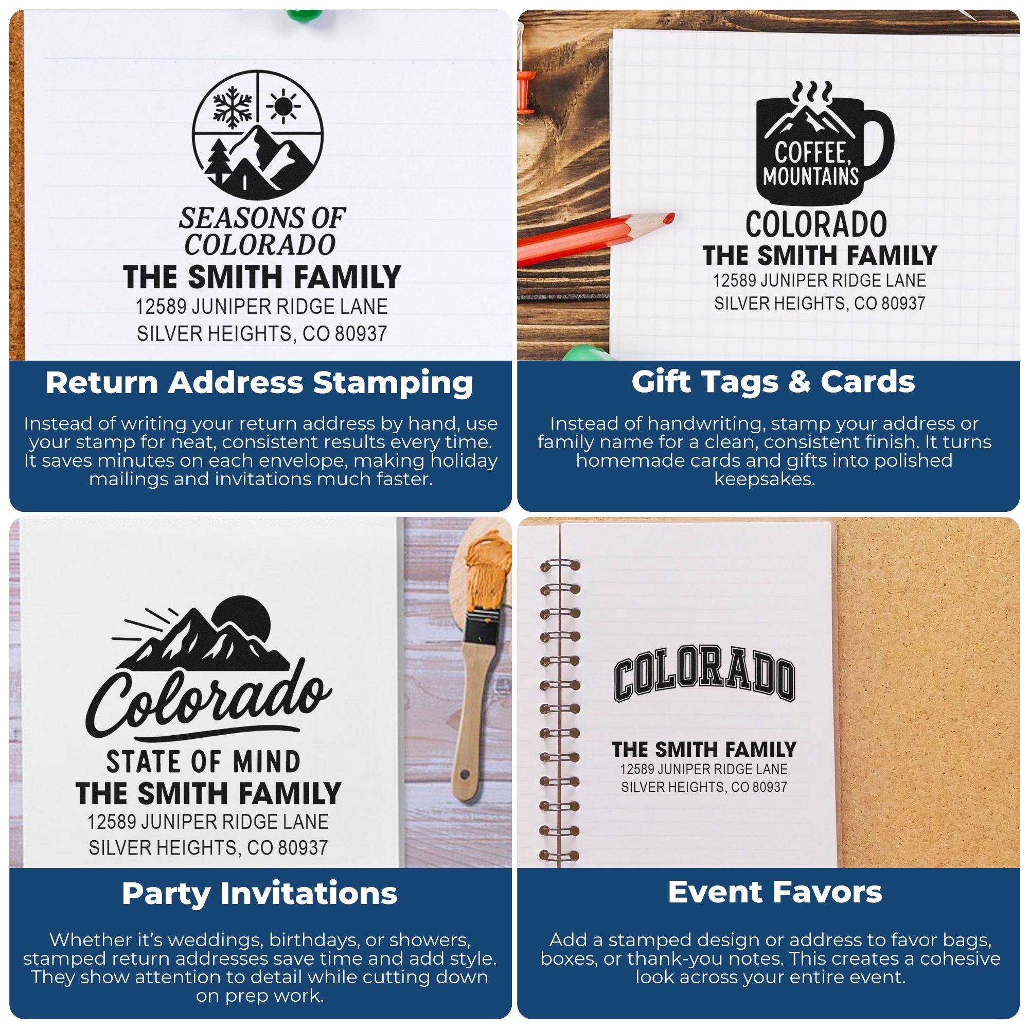 Custom rubber stamp examples for return addresses, gift tags, party invitations, and event favors with Colorado designs.