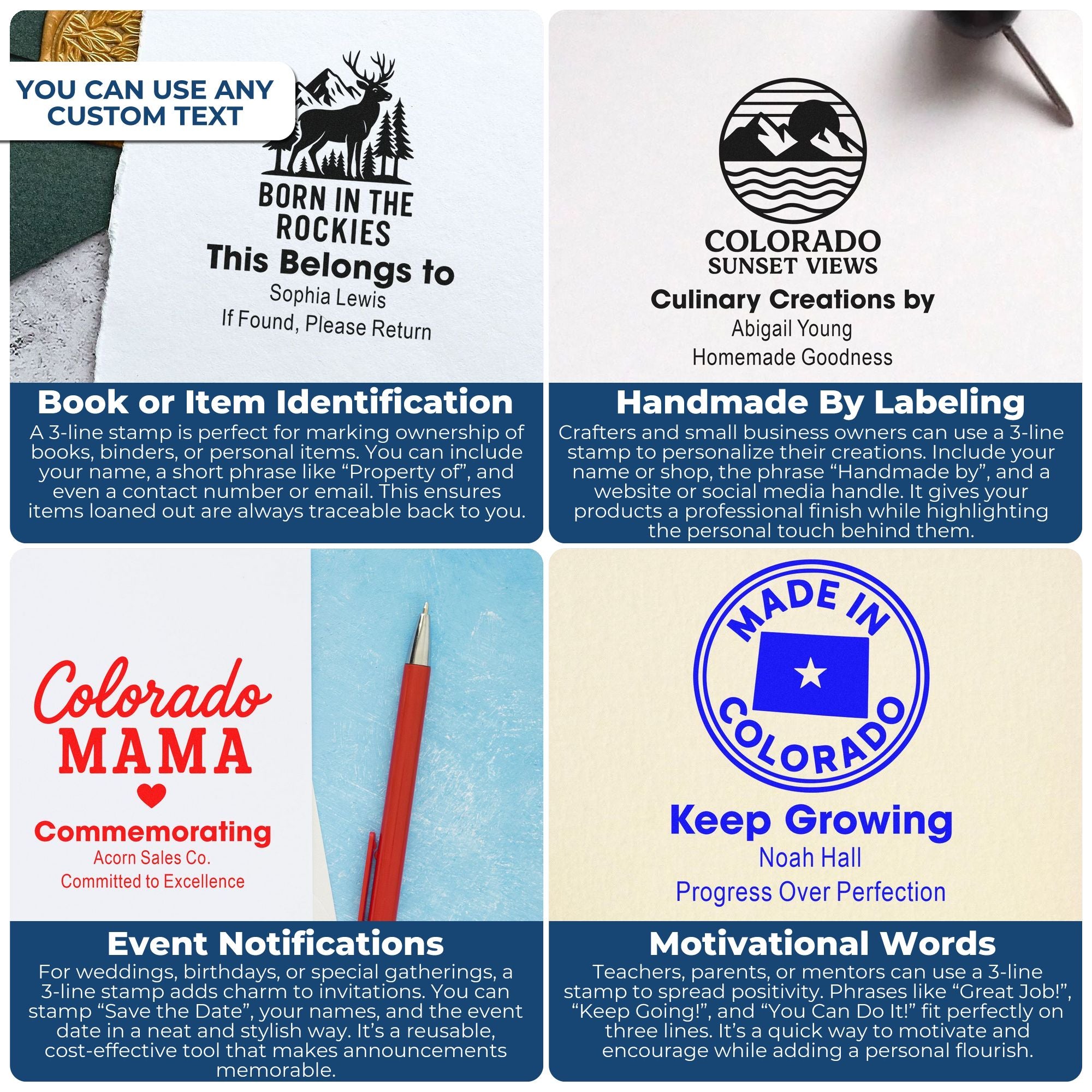 Custom rubber stamp examples for book labels, handmade products, event announcements, and motivational messages.