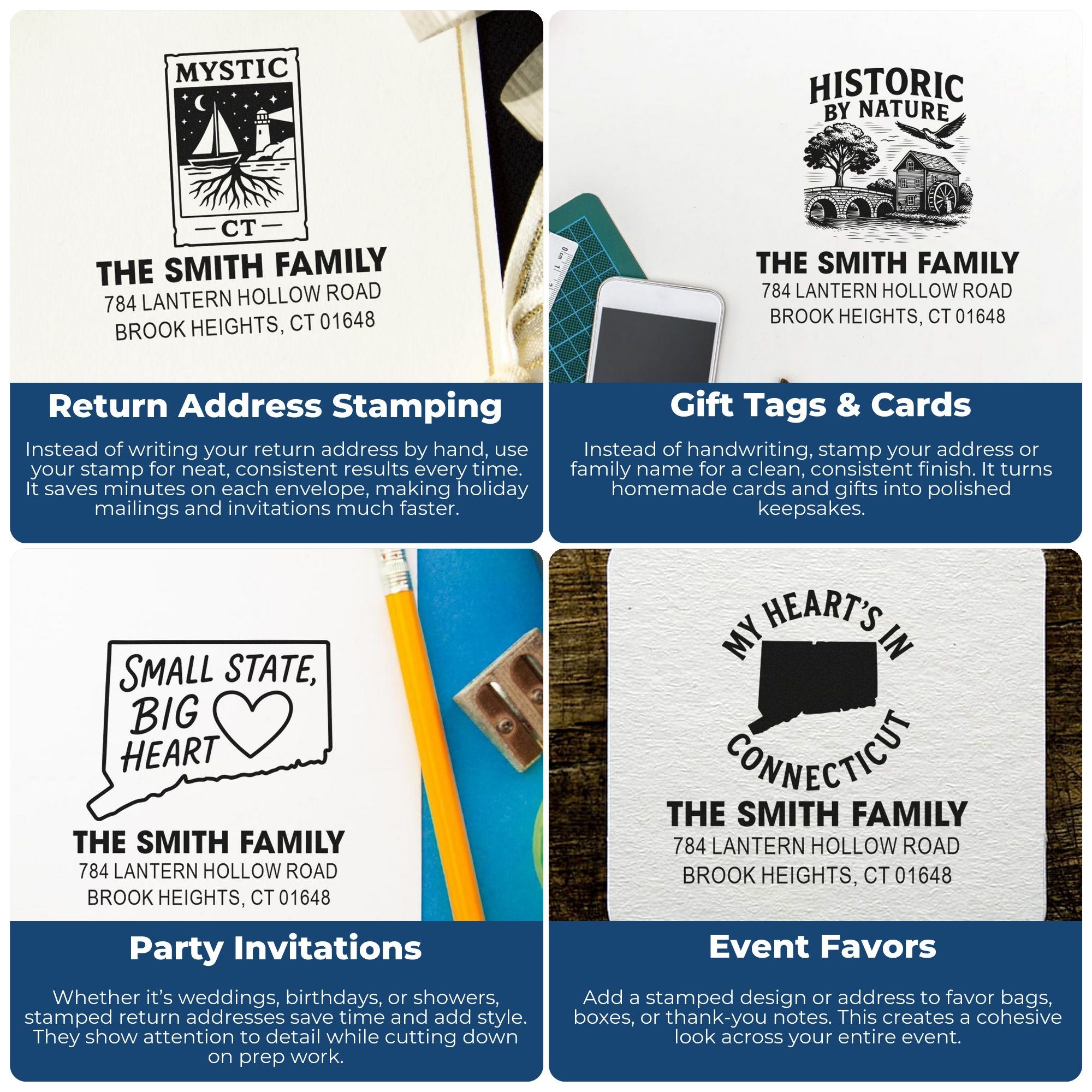 Custom rubber stamp ideas for return addresses, gift tags, invitations, and event favors with personalized family name and address.