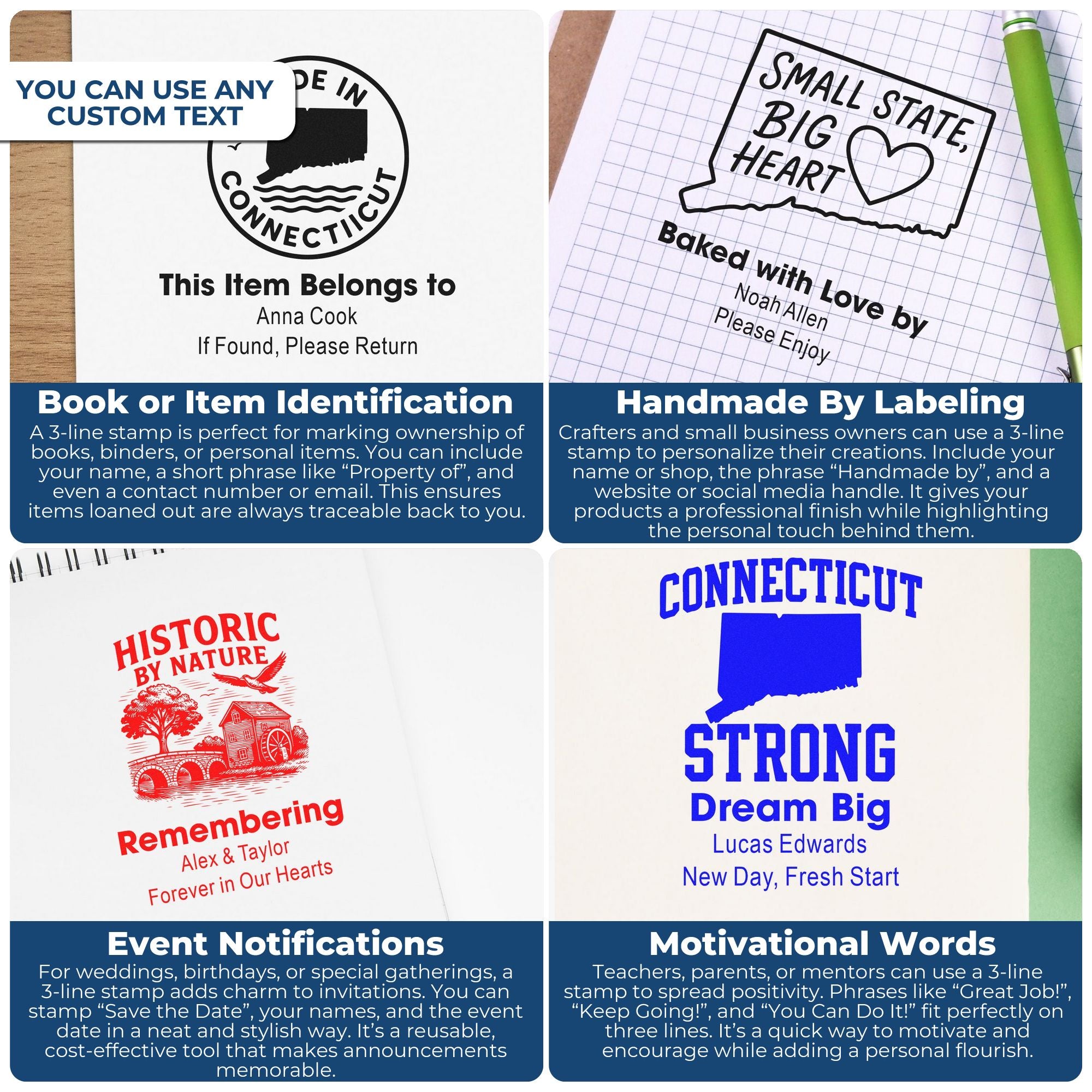 Custom rubber stamp examples for book ownership, handmade labels, event notices, and motivational words with Connecticut designs.