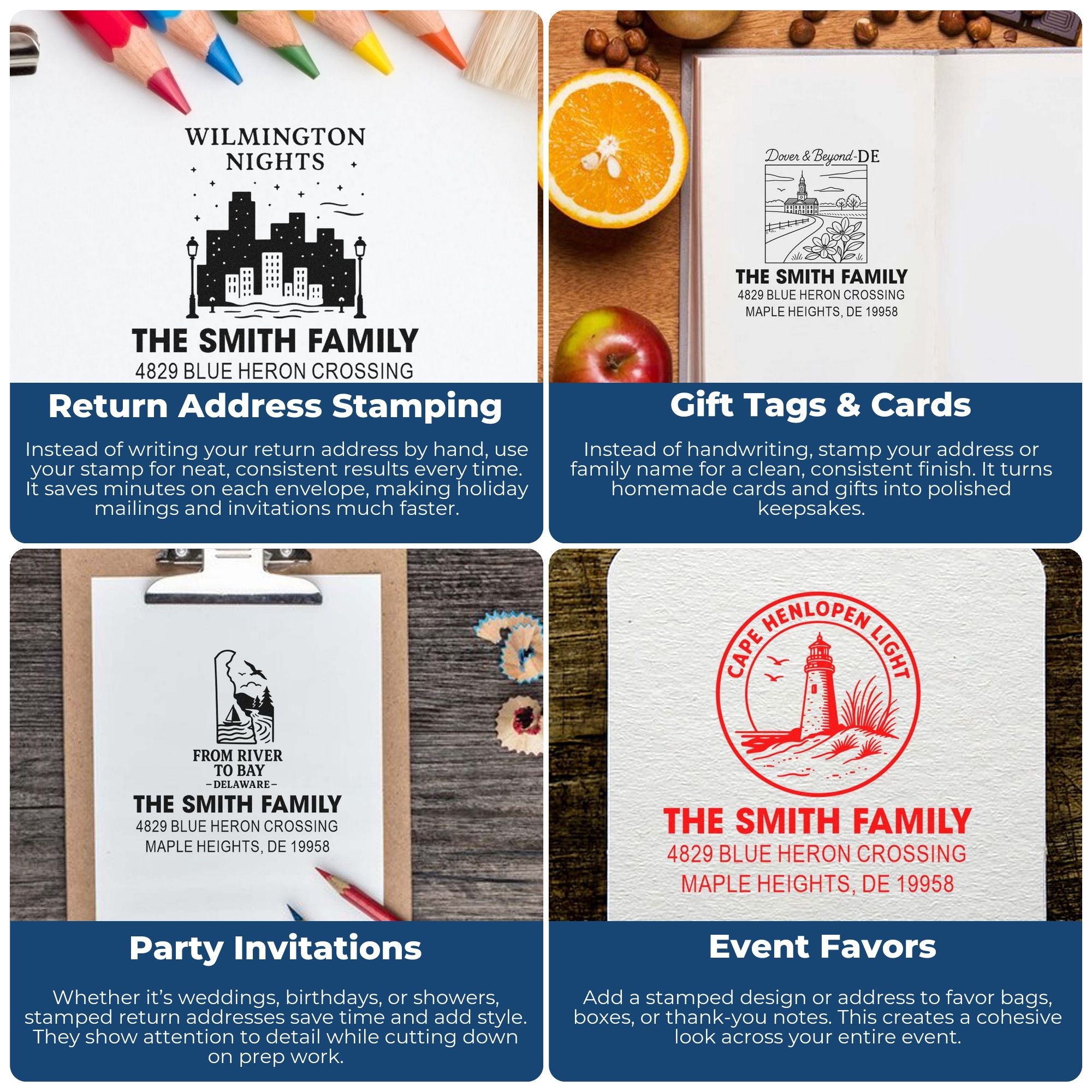 Custom rubber address stamps for return addresses, gift tags, invitations, and event favors with personalized family name designs.