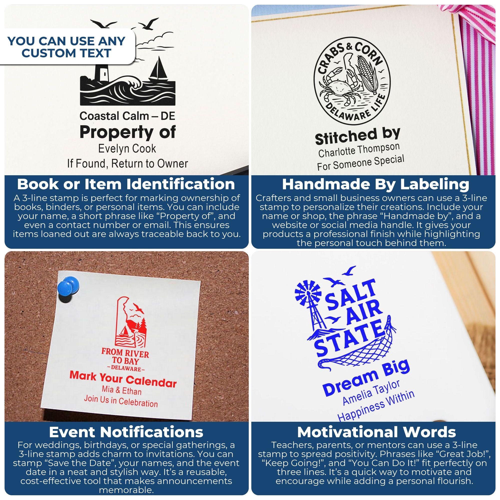 Custom 3-line rubber stamp examples for book ID, handmade labels, event announcements, and motivational messages.