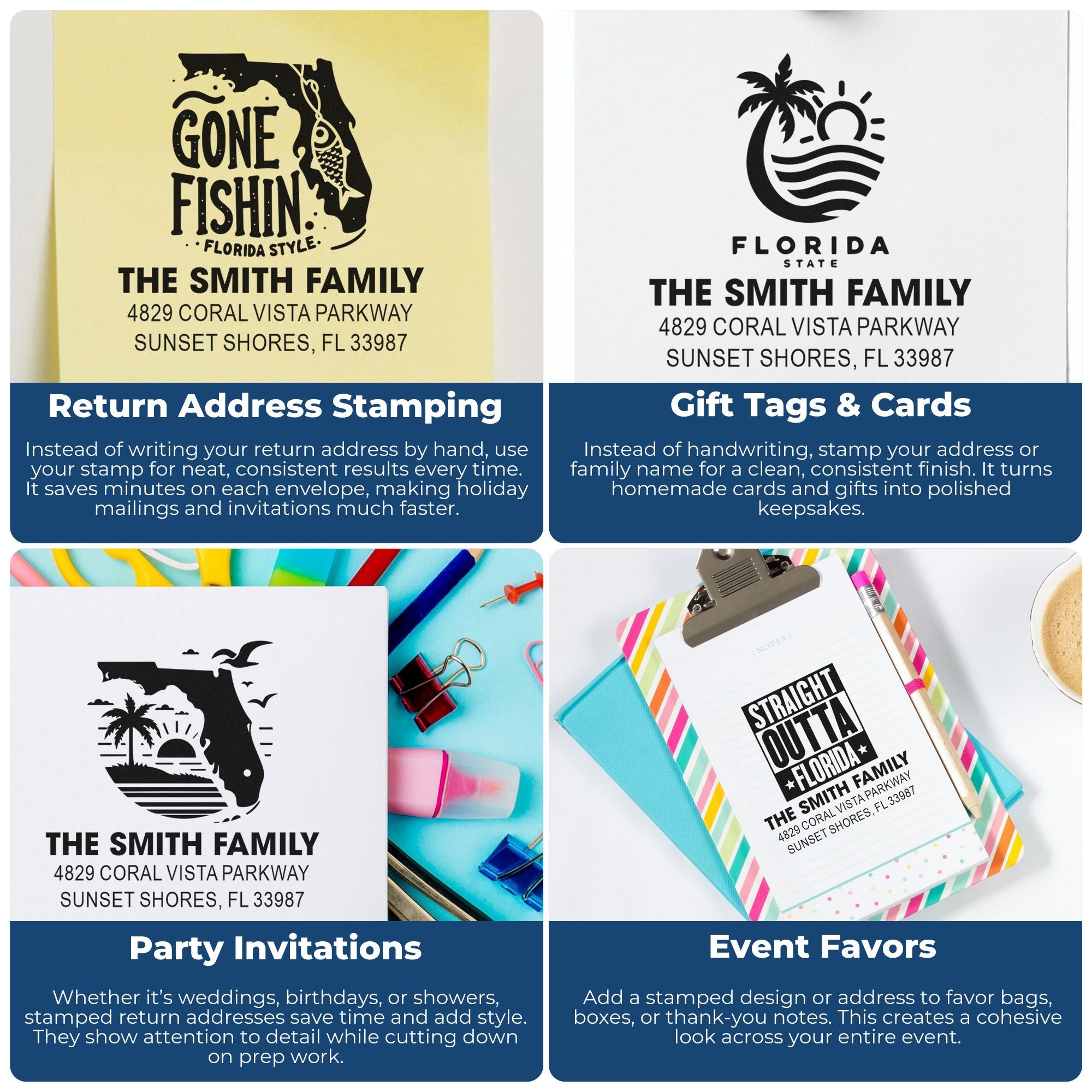 Custom rubber address stamps for return mail, gift tags, party invitations, and event favors to save time and add style.