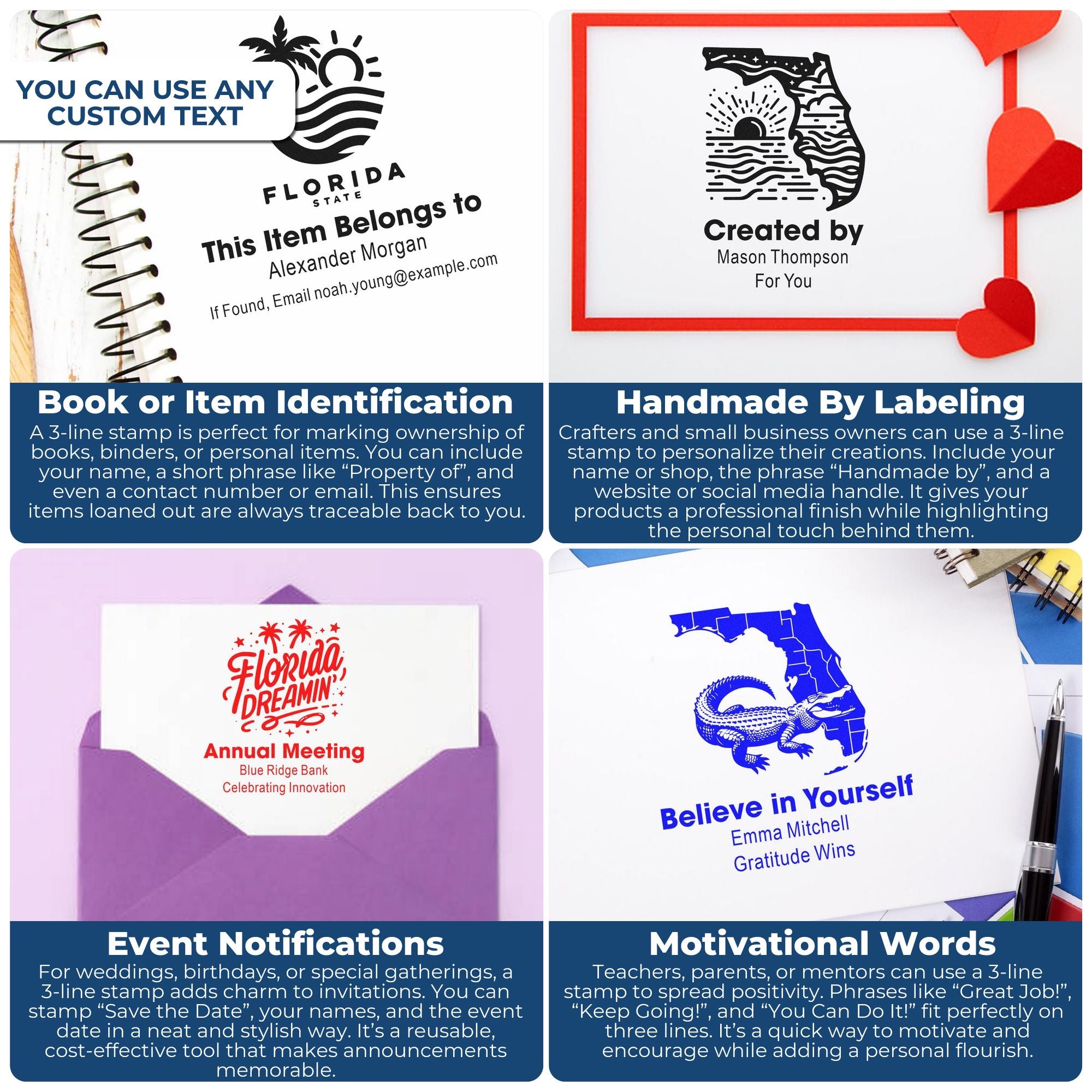 Custom rubber stamps for book labels, handmade product tags, event invitations, and motivational messages.