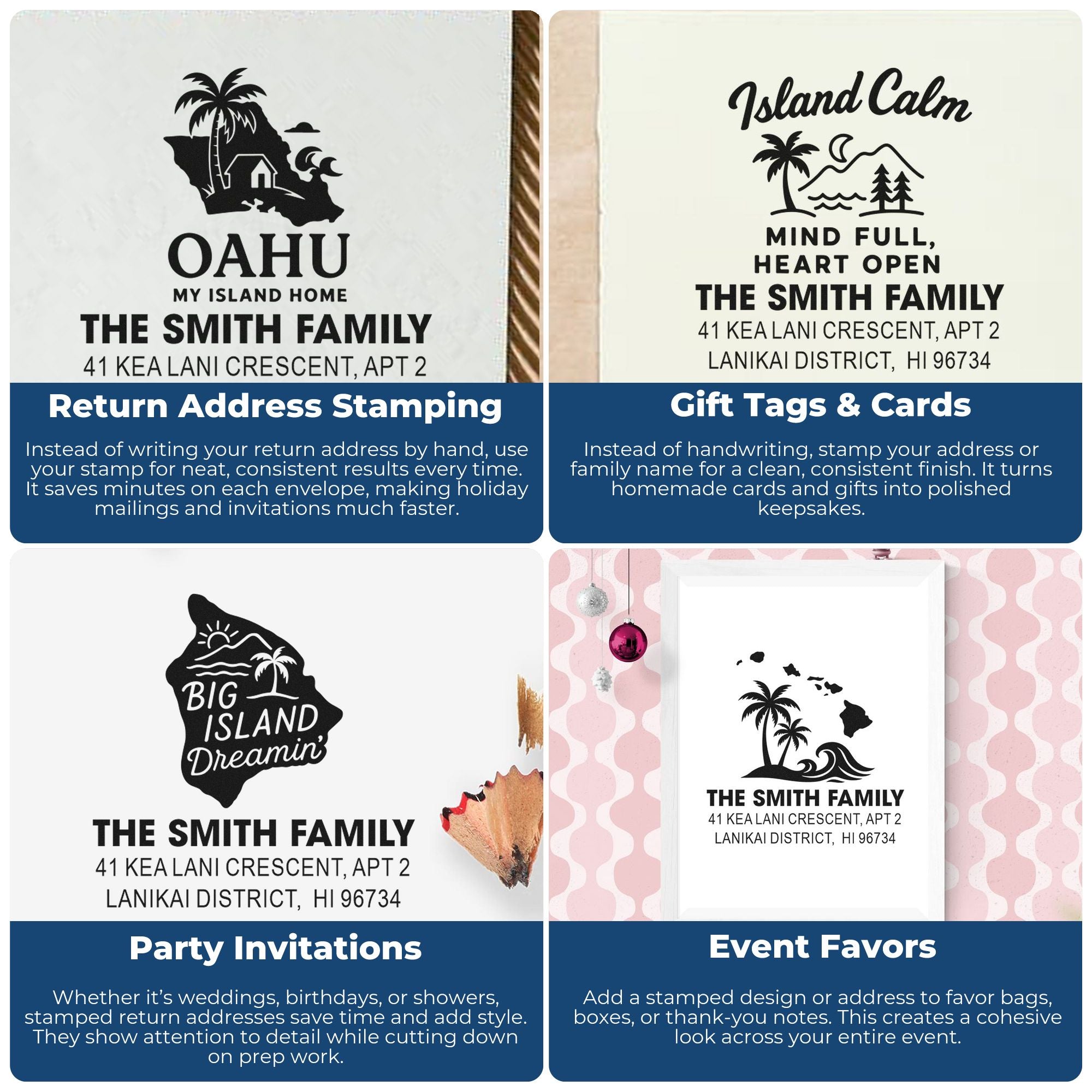 Custom Hawaii-themed rubber address stamp designs for return addresses, gift tags, invitations, and event favors.