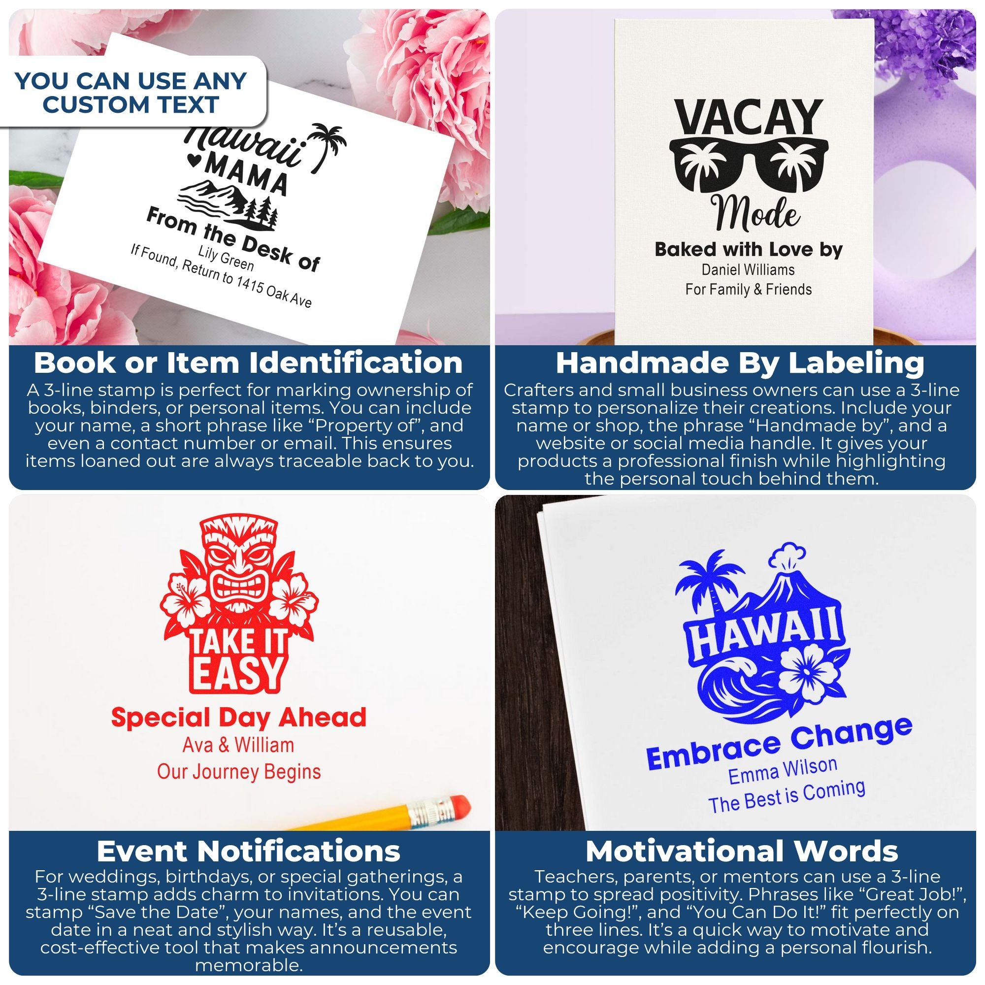 Custom 3-line rubber stamp examples for book ID, handmade labeling, event announcements, and motivational messages.