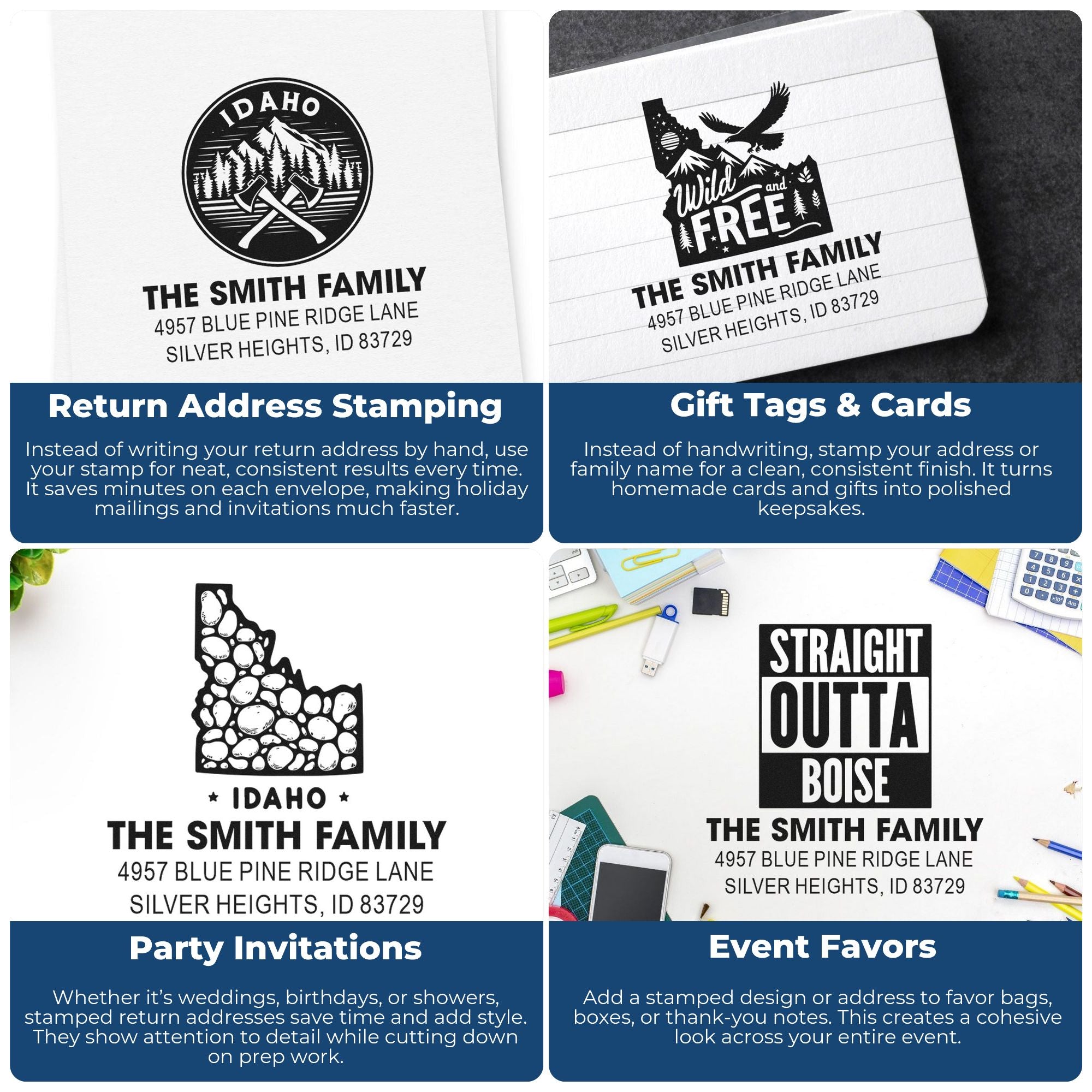 Personalized rubber stamps for return addresses, gift tags, party invitations and event favors with custom Idaho family designs.