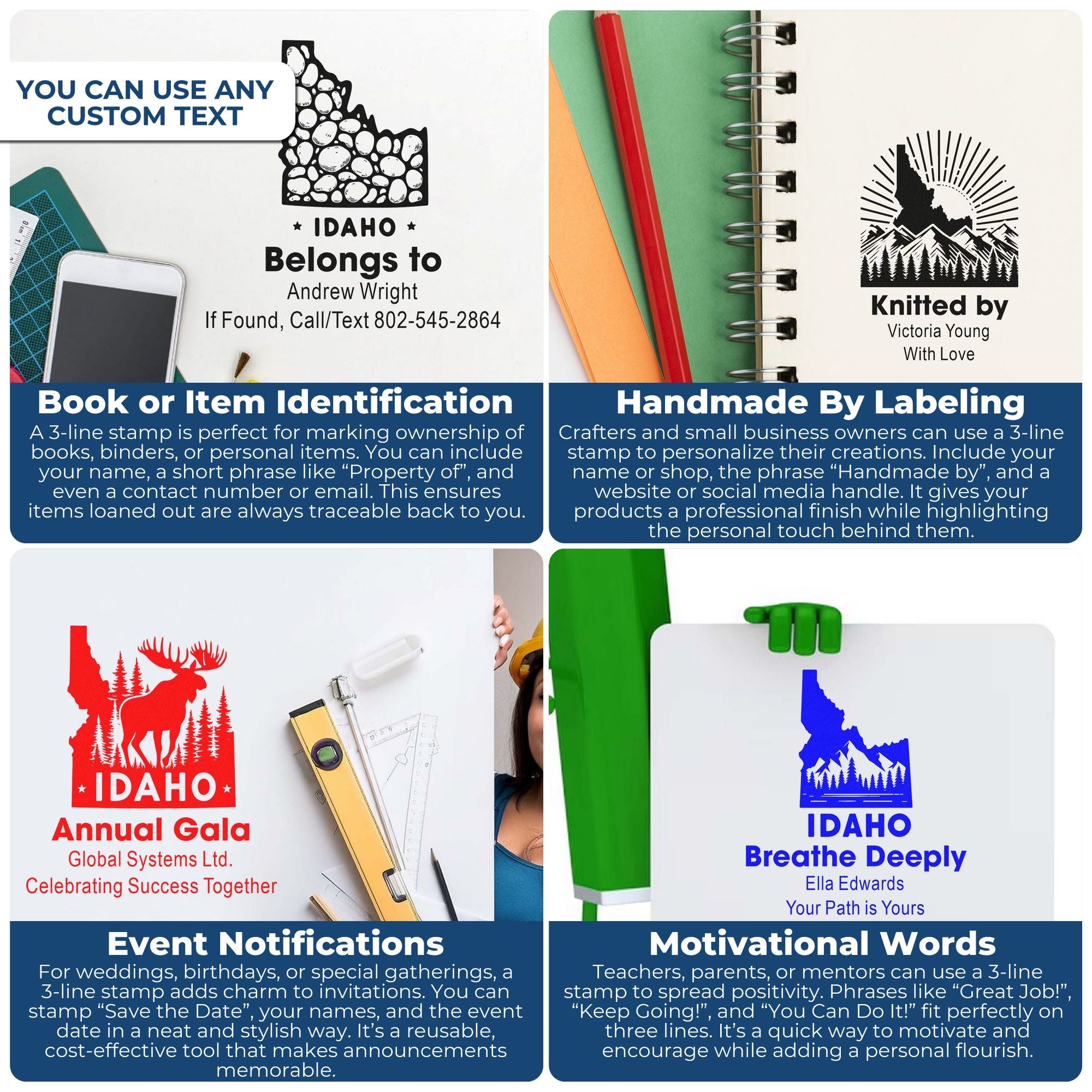 Custom 3-line rubber stamps for book labels, handmade branding, event invites, and motivational Idaho designs.