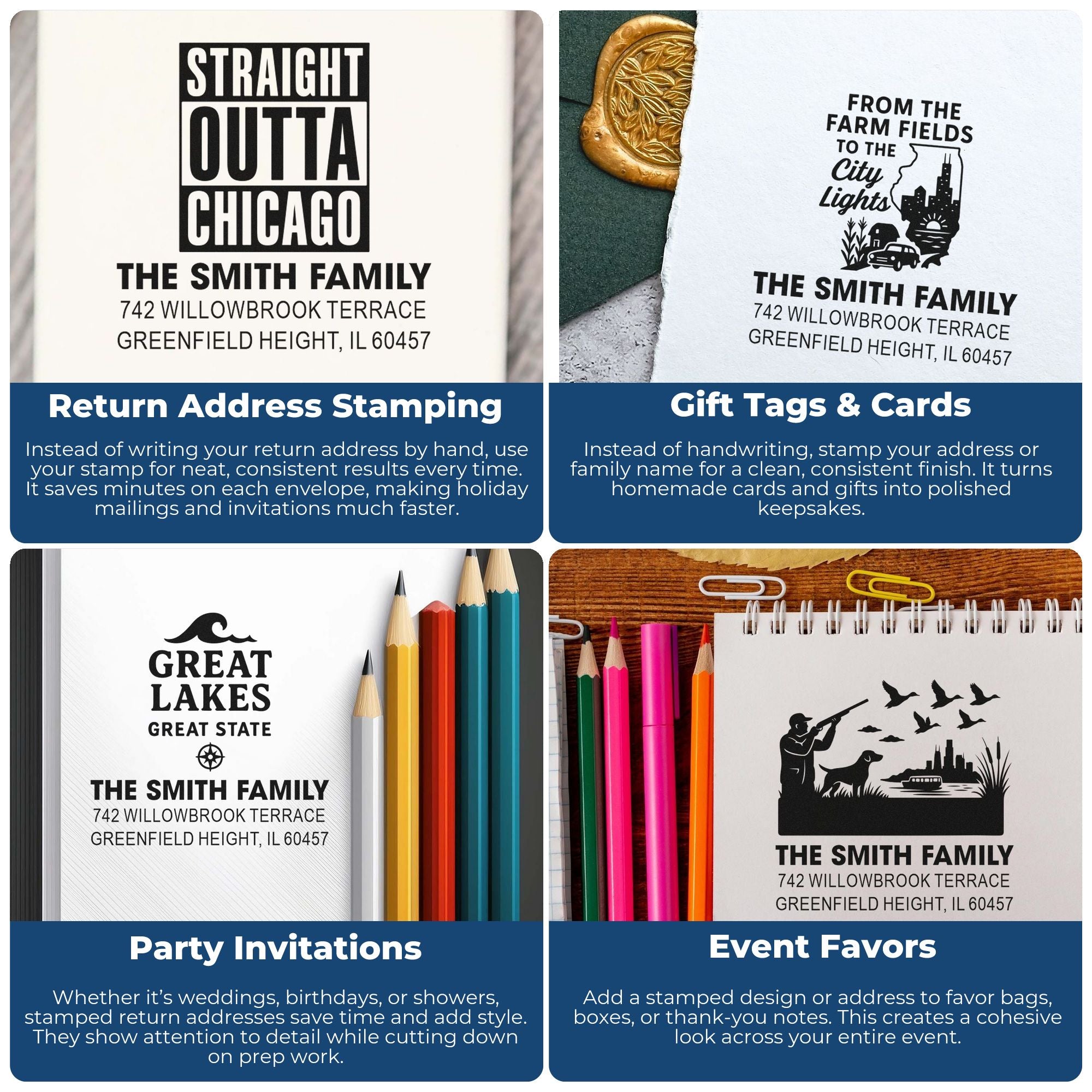 Custom rubber stamp design examples for return addresses, gift tags, party invitations, and event favors with family names and addresses.