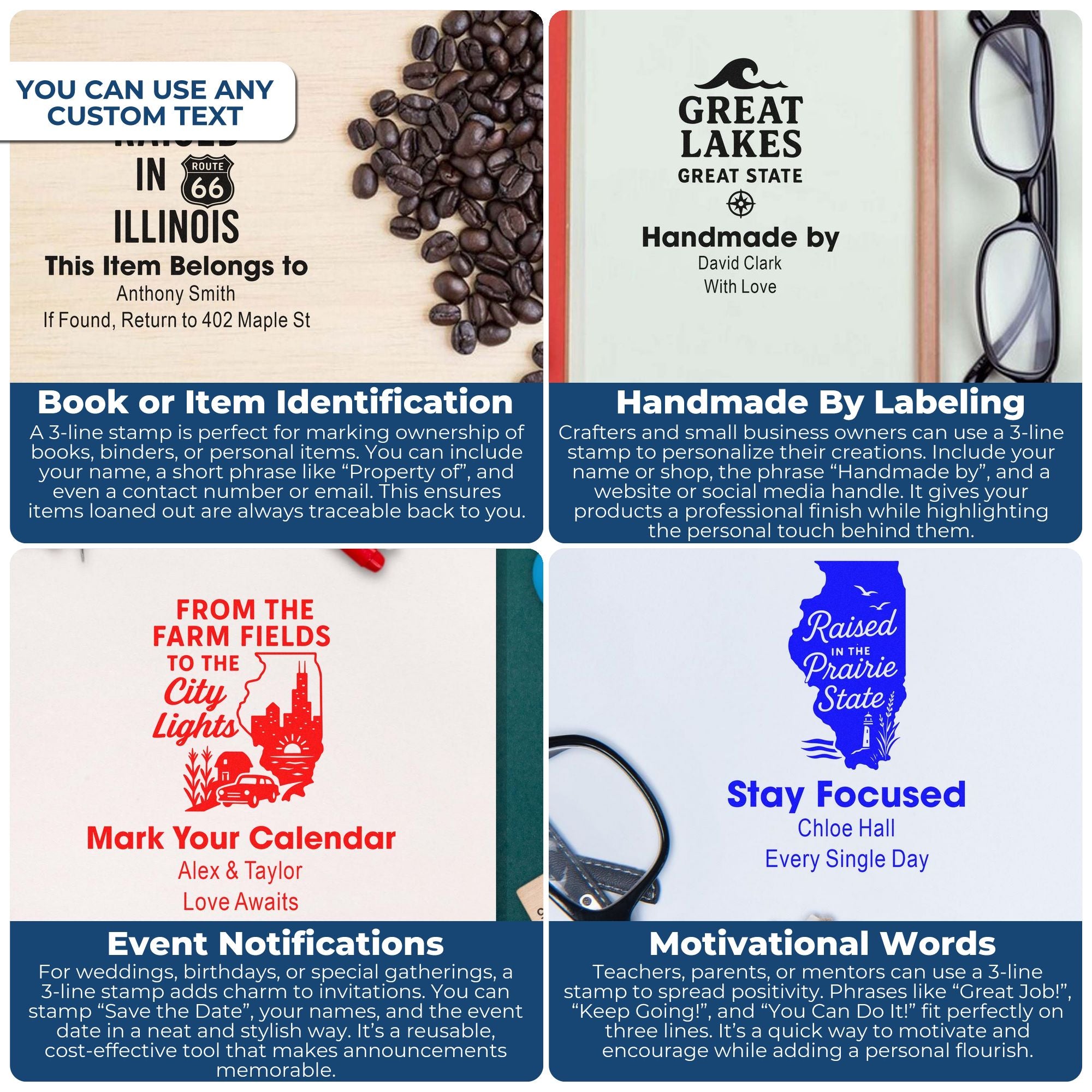 Custom rubber stamp examples for item identification, handmade labeling, save-the-date events, and motivational messages.