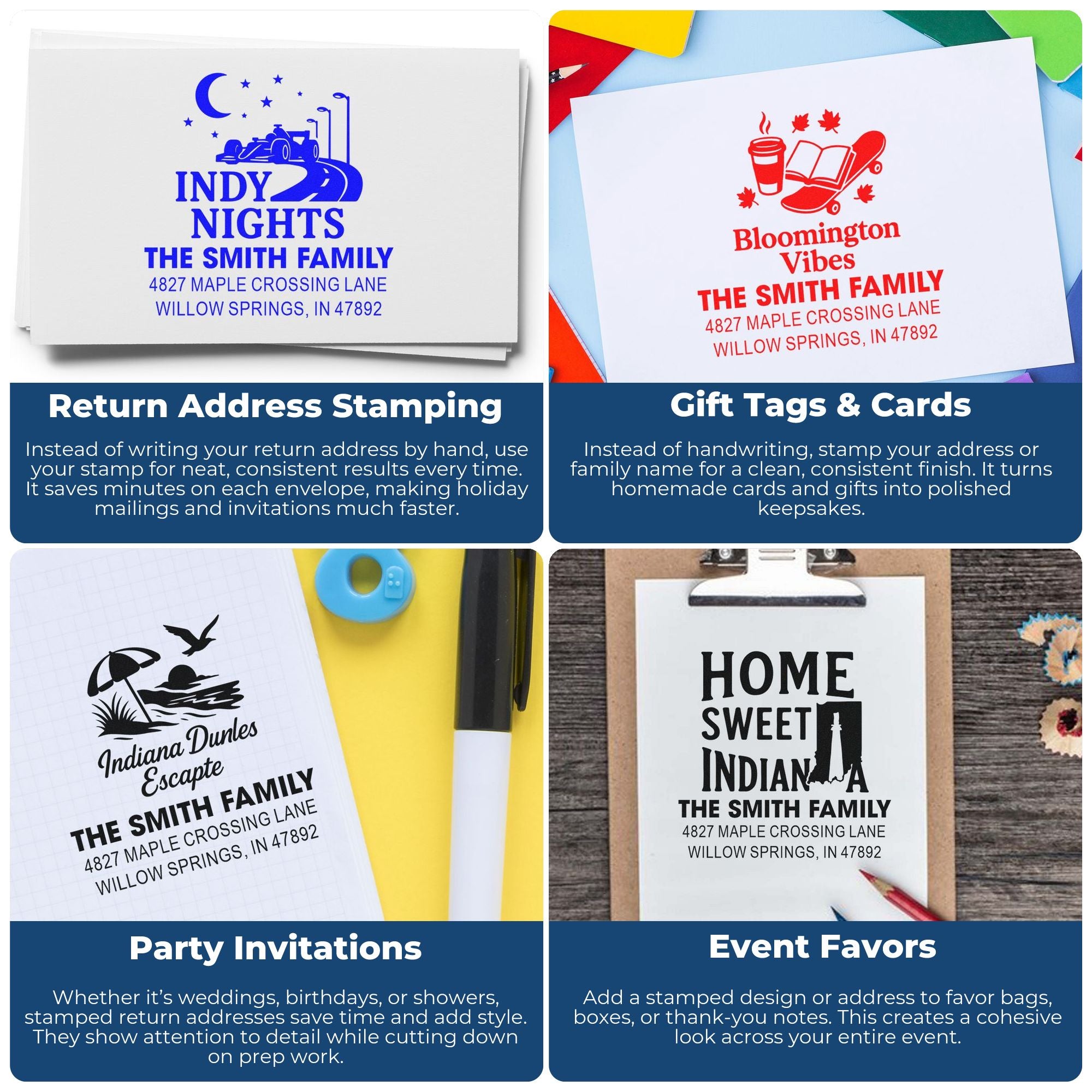 Custom address rubber stamps for return mail, gift tags, party invitations, and event favors with family name and address.