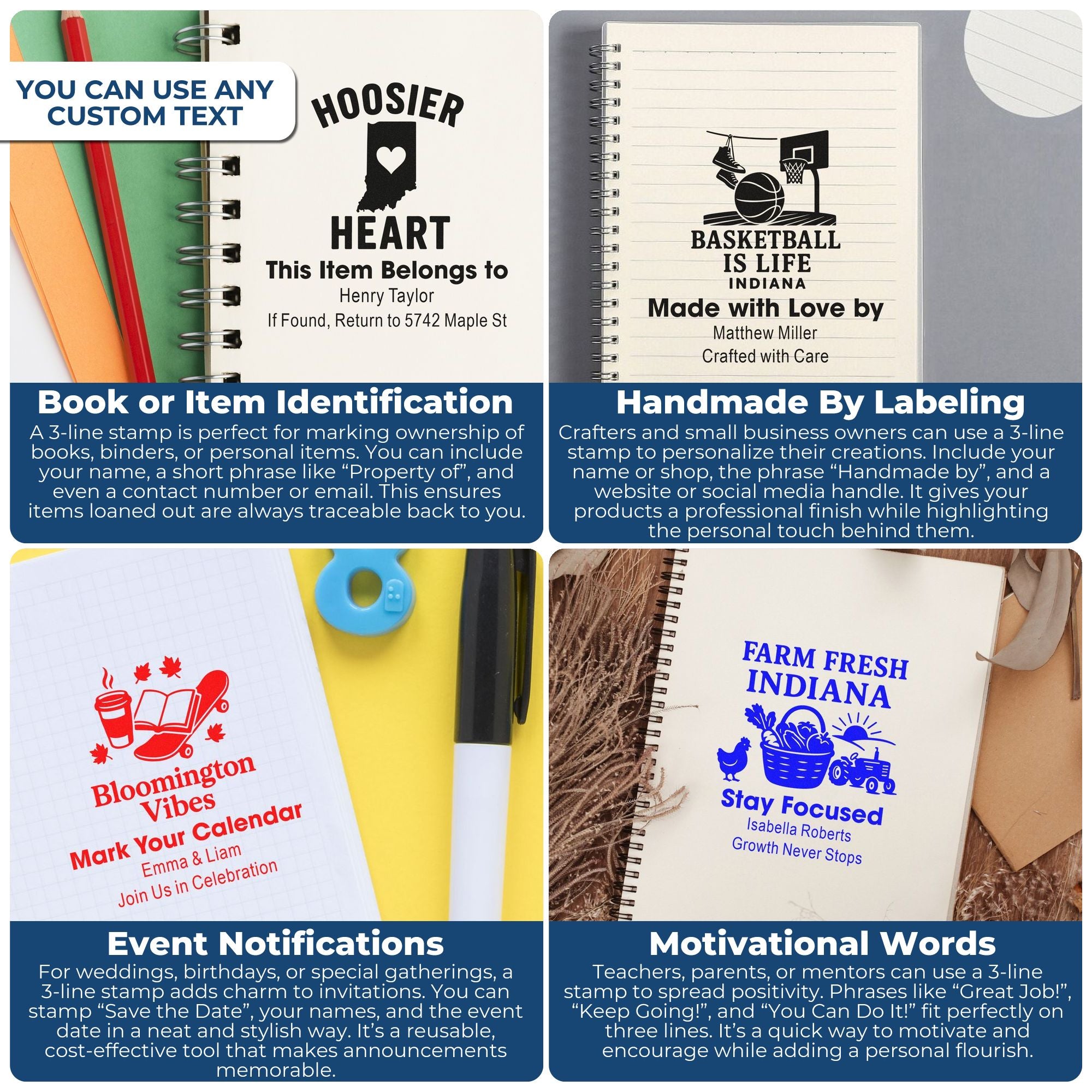 Personalized 3-line rubber stamp examples for book ownership, handmade branding, event invites, and motivational messages.
