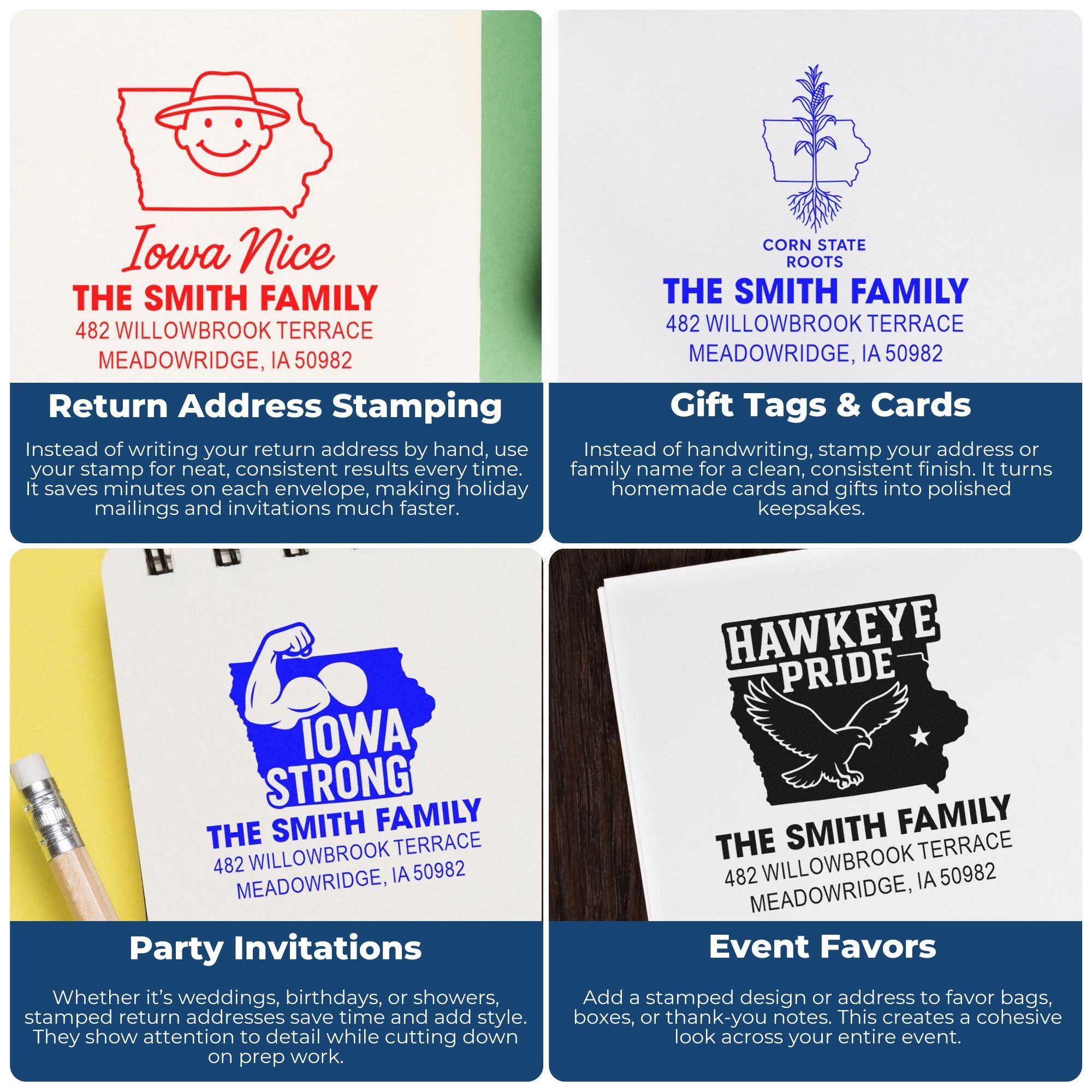 Custom Iowa rubber stamps for return addresses, gift tags, invitations, and event favors with family name and address.